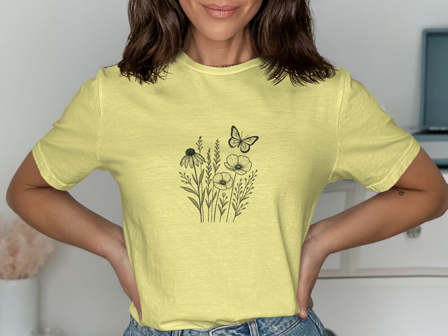 Yellow Graphic Tee with Floral and Butterfly Print product type
