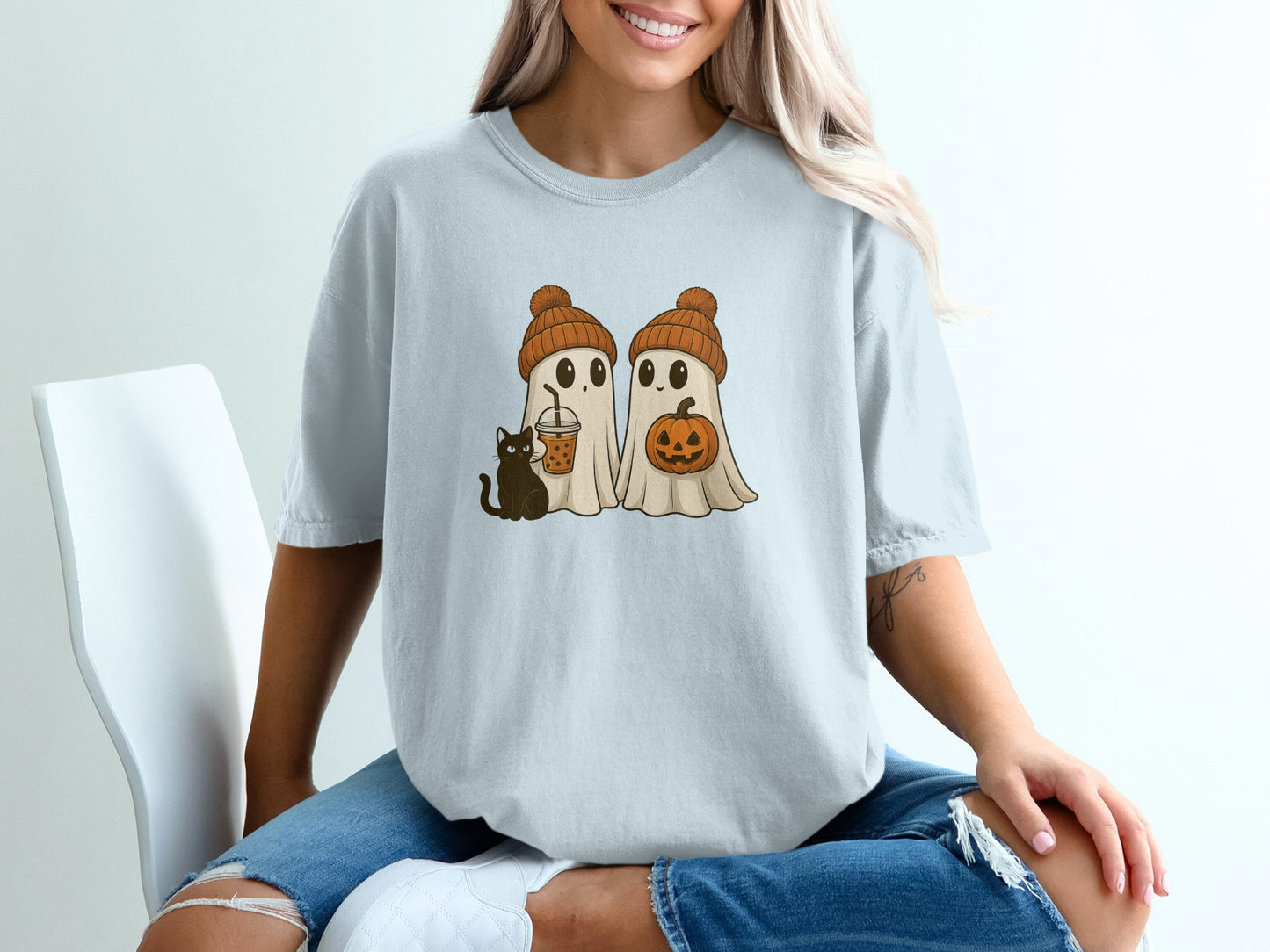 Cute Ghosts with Pumpkin and Cat Graphic T-Shirt product type