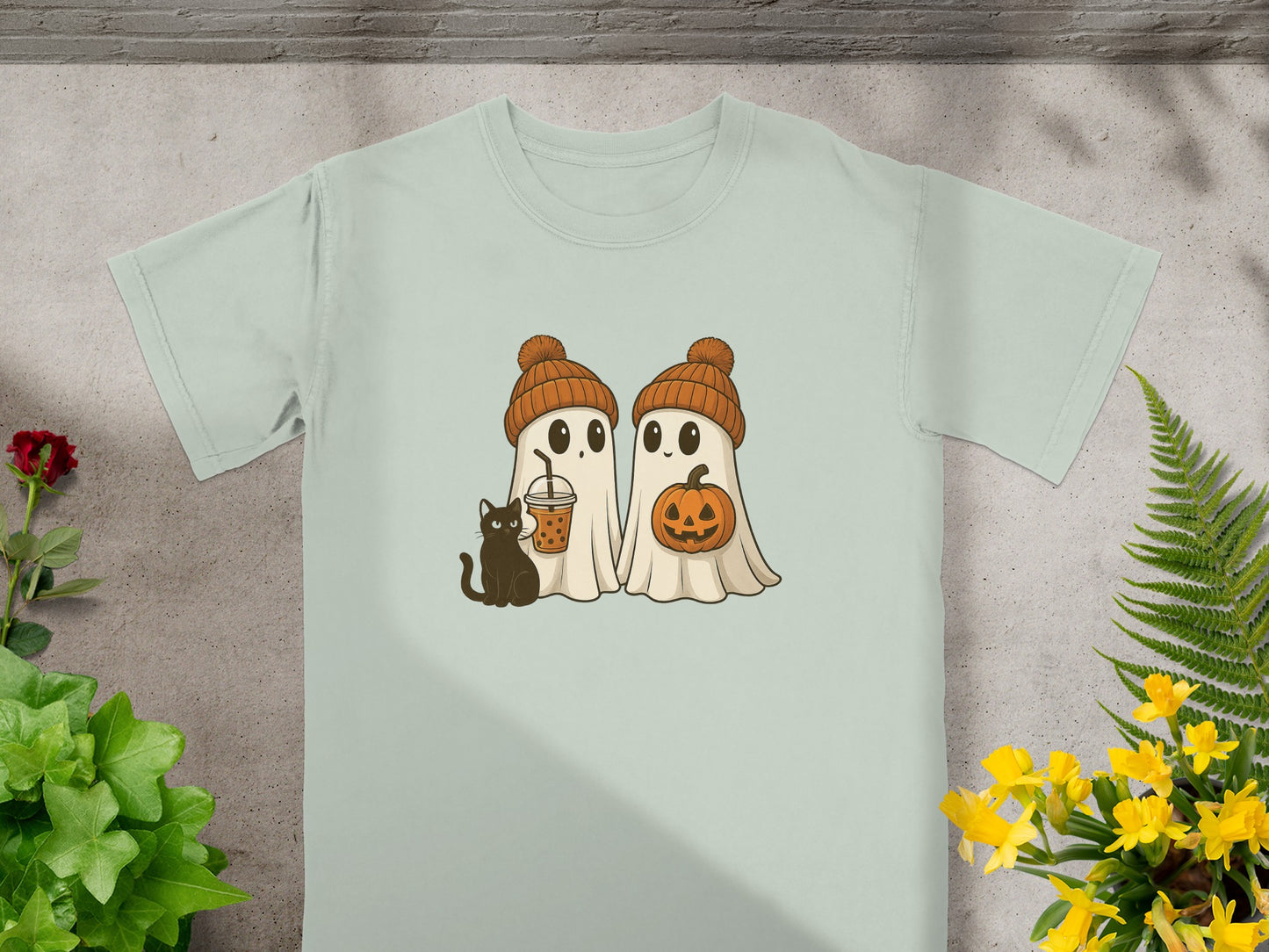 Ghosts with Pumpkin and Cat Halloween T-Shirt product type