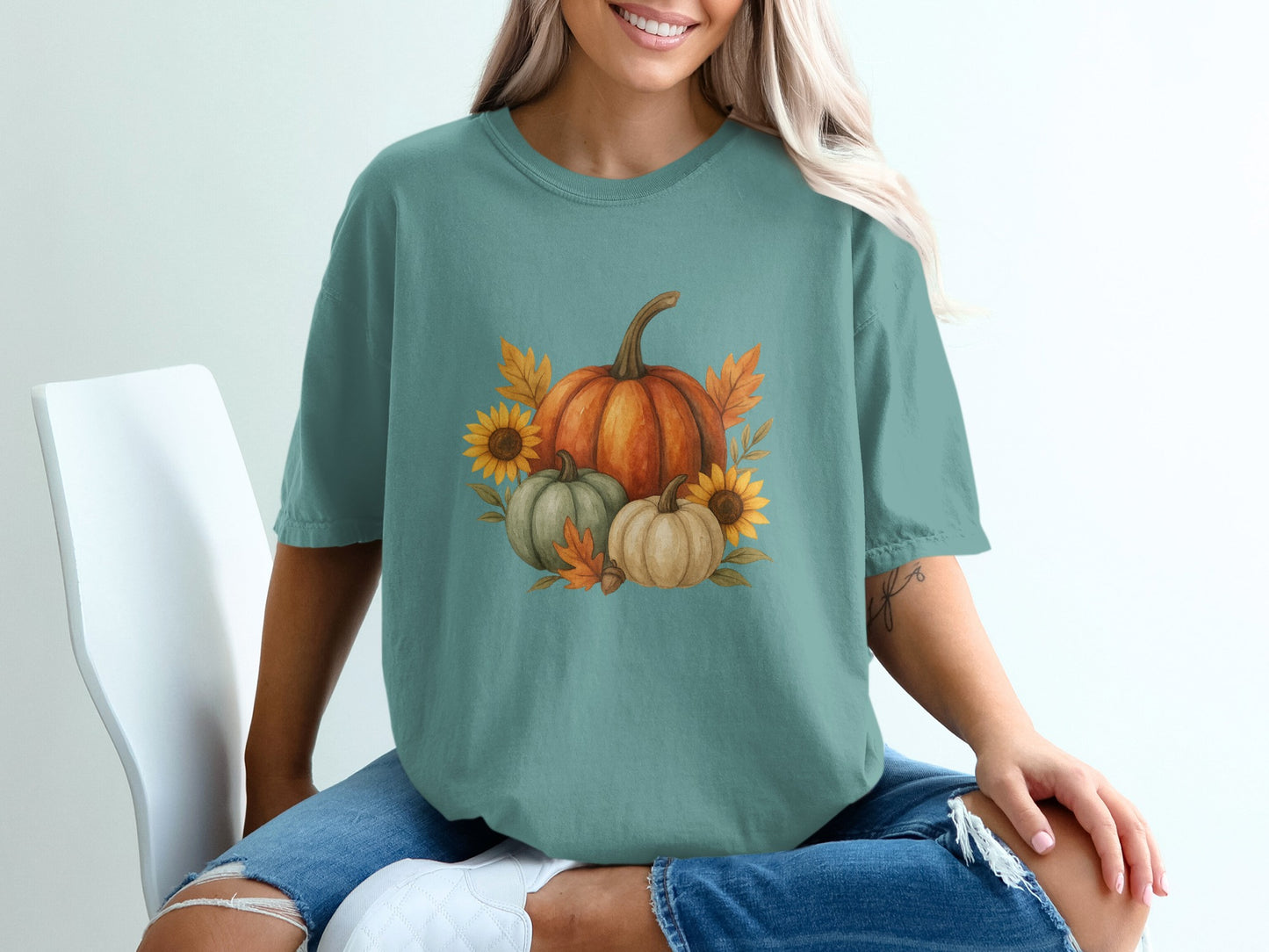 Autumn Harvest Pumpkin Sunflower Watercolor T Shirt