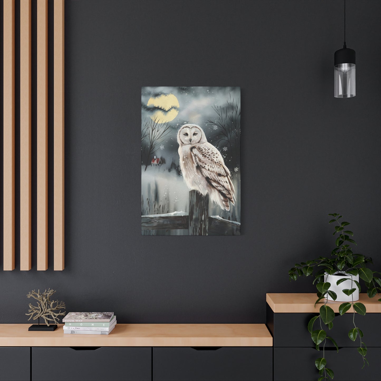 Snow Owl At Night On Post Canvas Wall Art