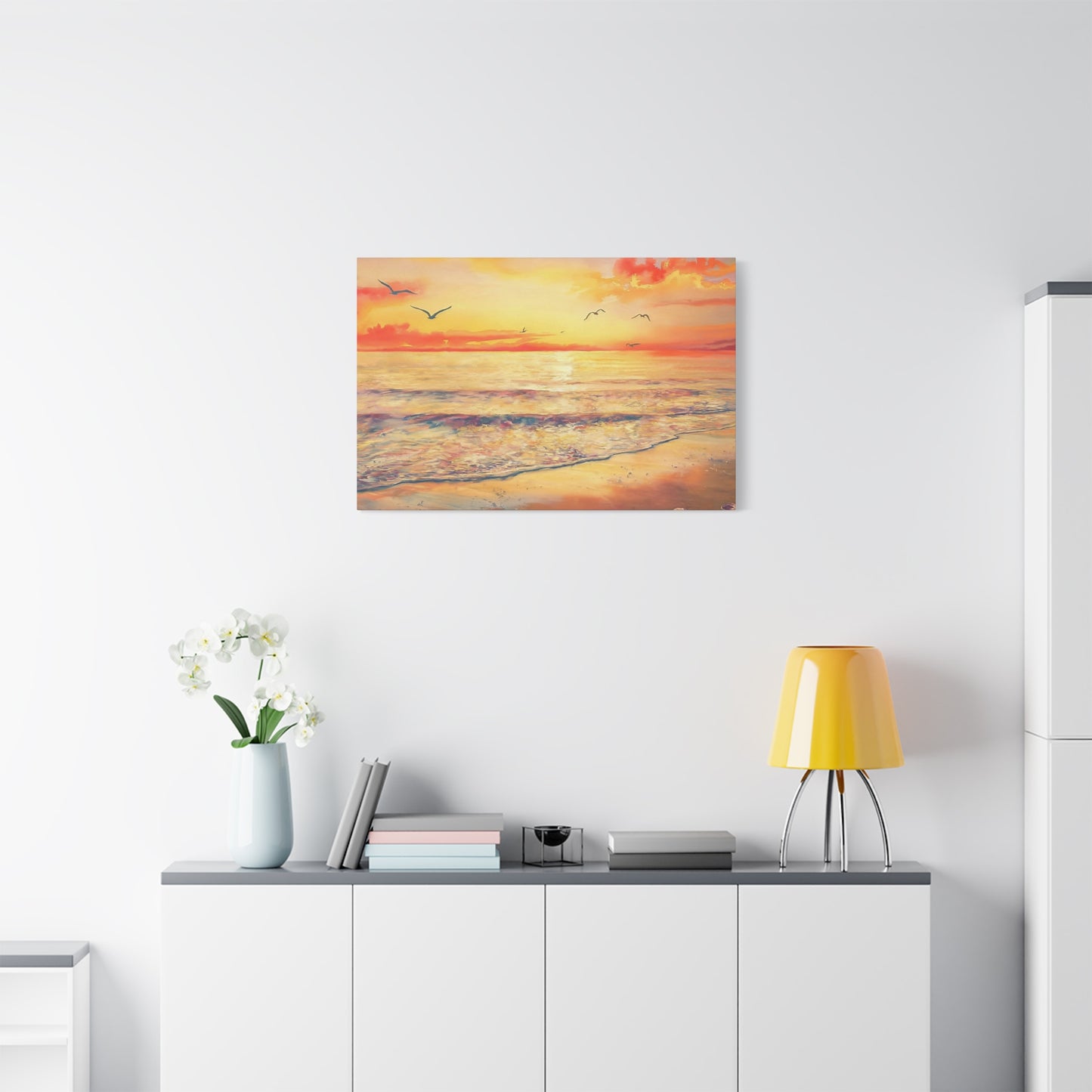 Ocean Sunset With Seagulls Watercolor Canvas Wall Art