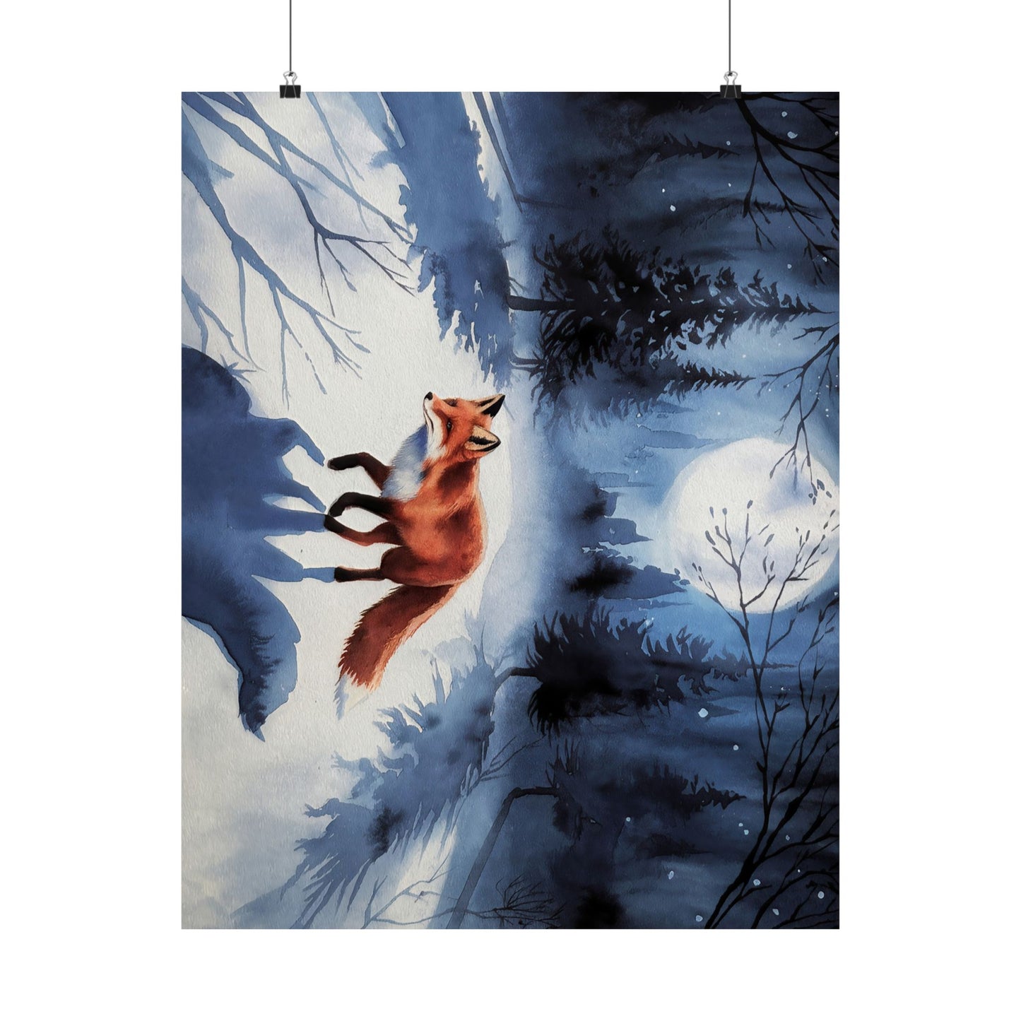Fox Winter Night Watercolor Poster