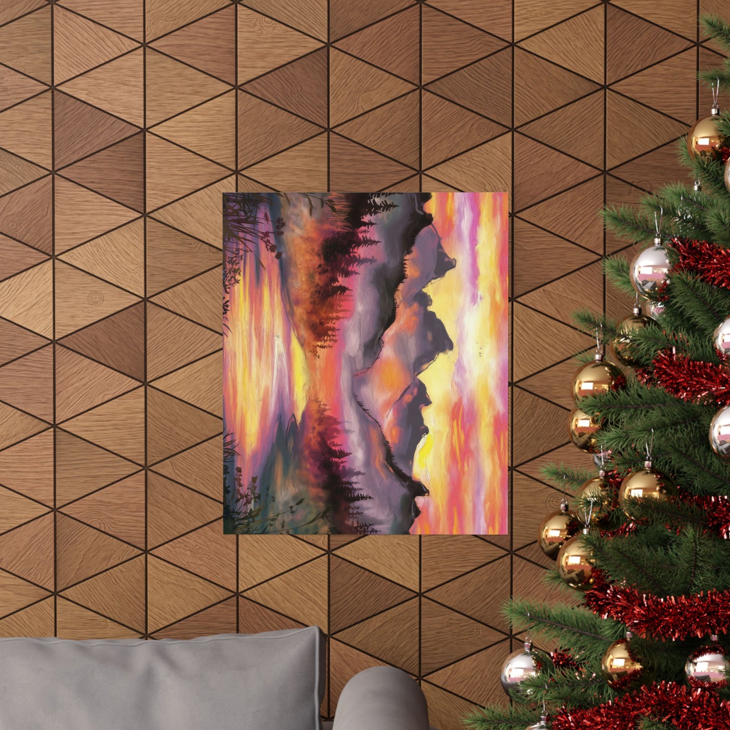 Dreamy Mountain Woodland Sunset Watercolor Poster