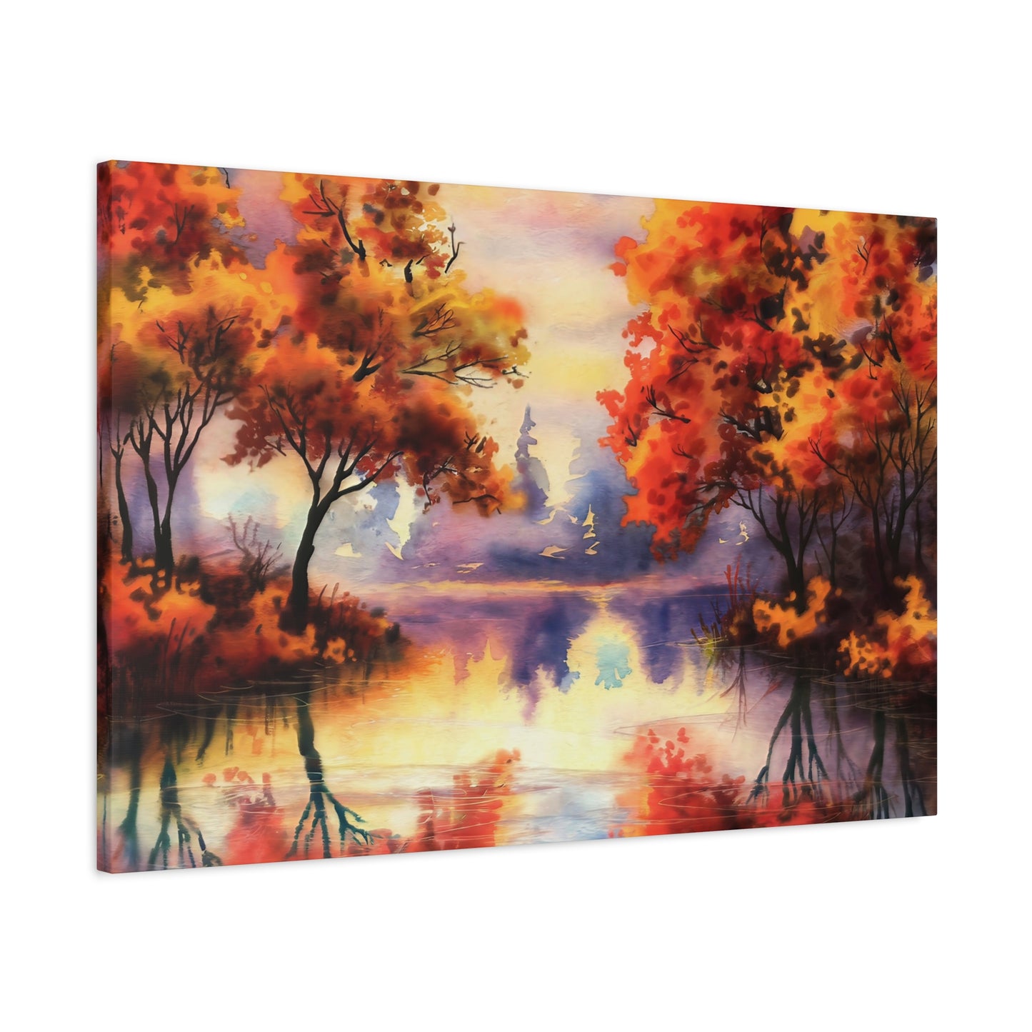 Fall Pond Watercolor Canvas Wall Art