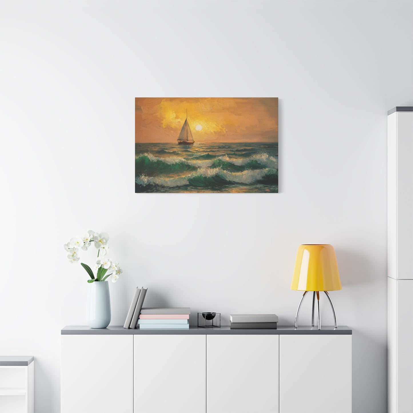 Sail Boat At Sunset Watercolor Canvas Wall Art