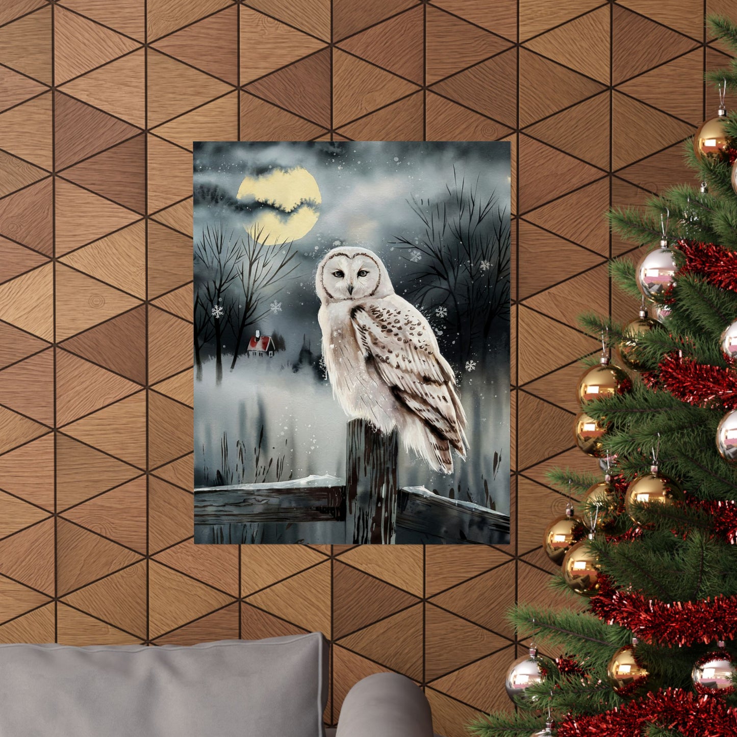 Snow Owl At Night On Post Poster
