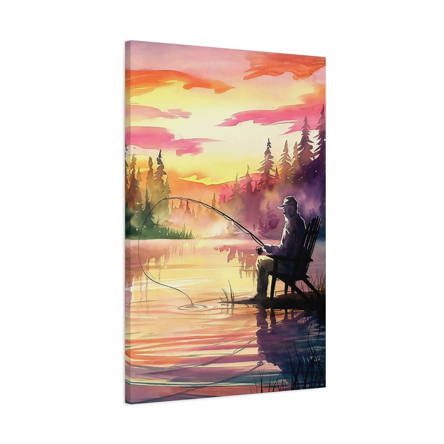 Man Fishing At Sunset Canvas Wall Art