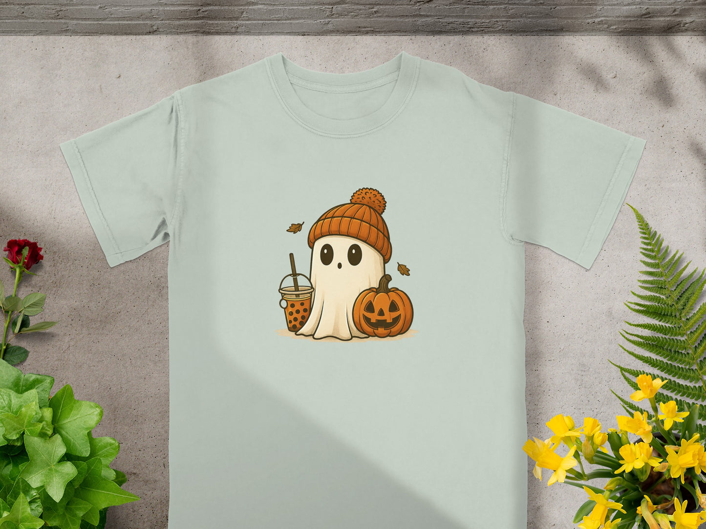 Adorable Ghost with Bubble Tea and Pumpkin T-shirt product