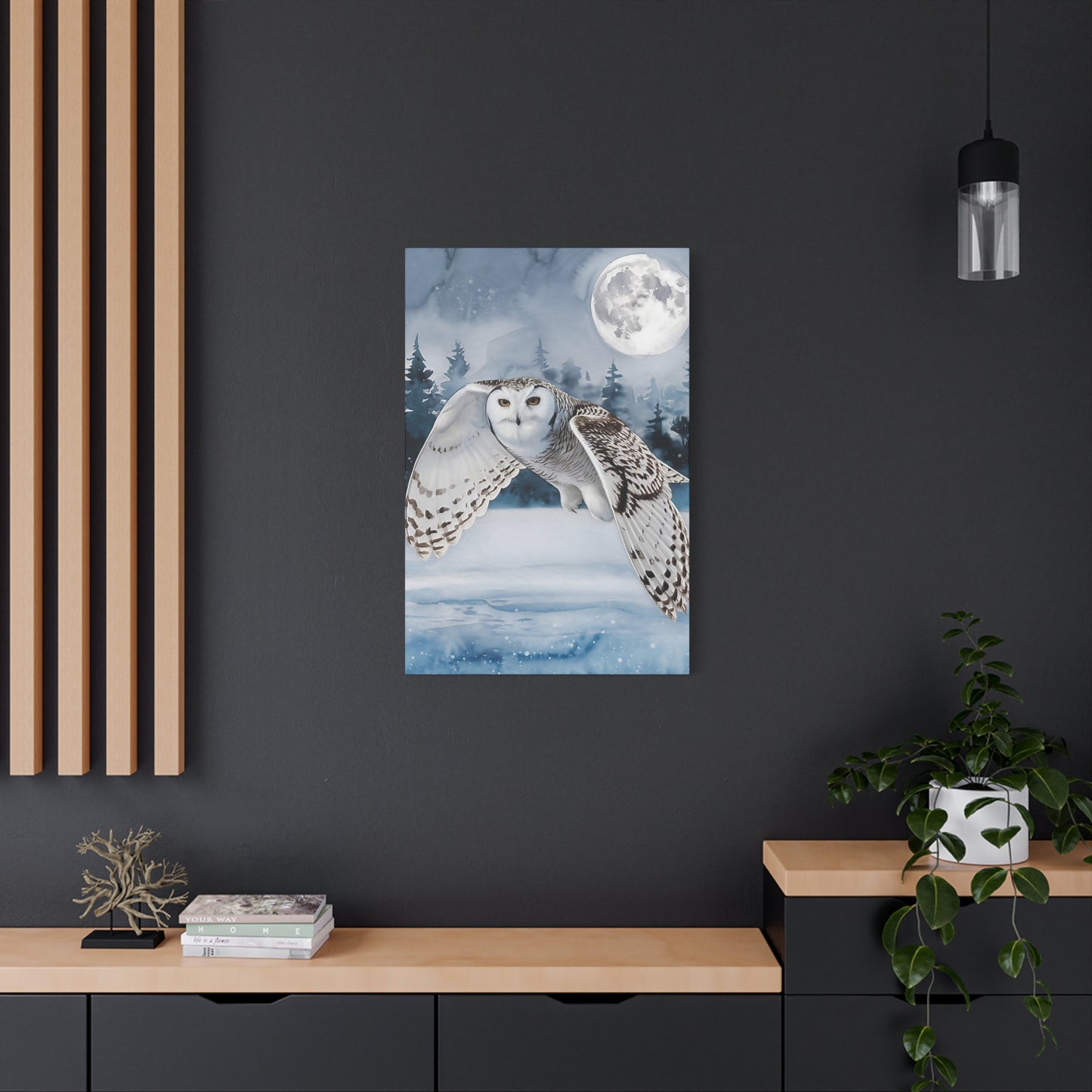 Snow Owl Flying At Night Canvas Wall Art