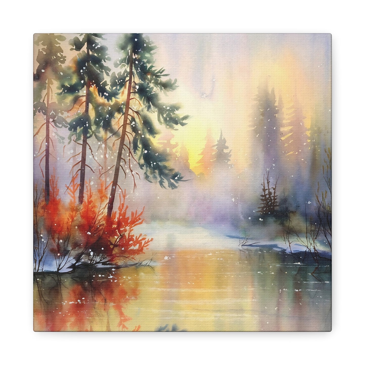 Dreamy Woodland Pond Watercolor Canvas Wall Art