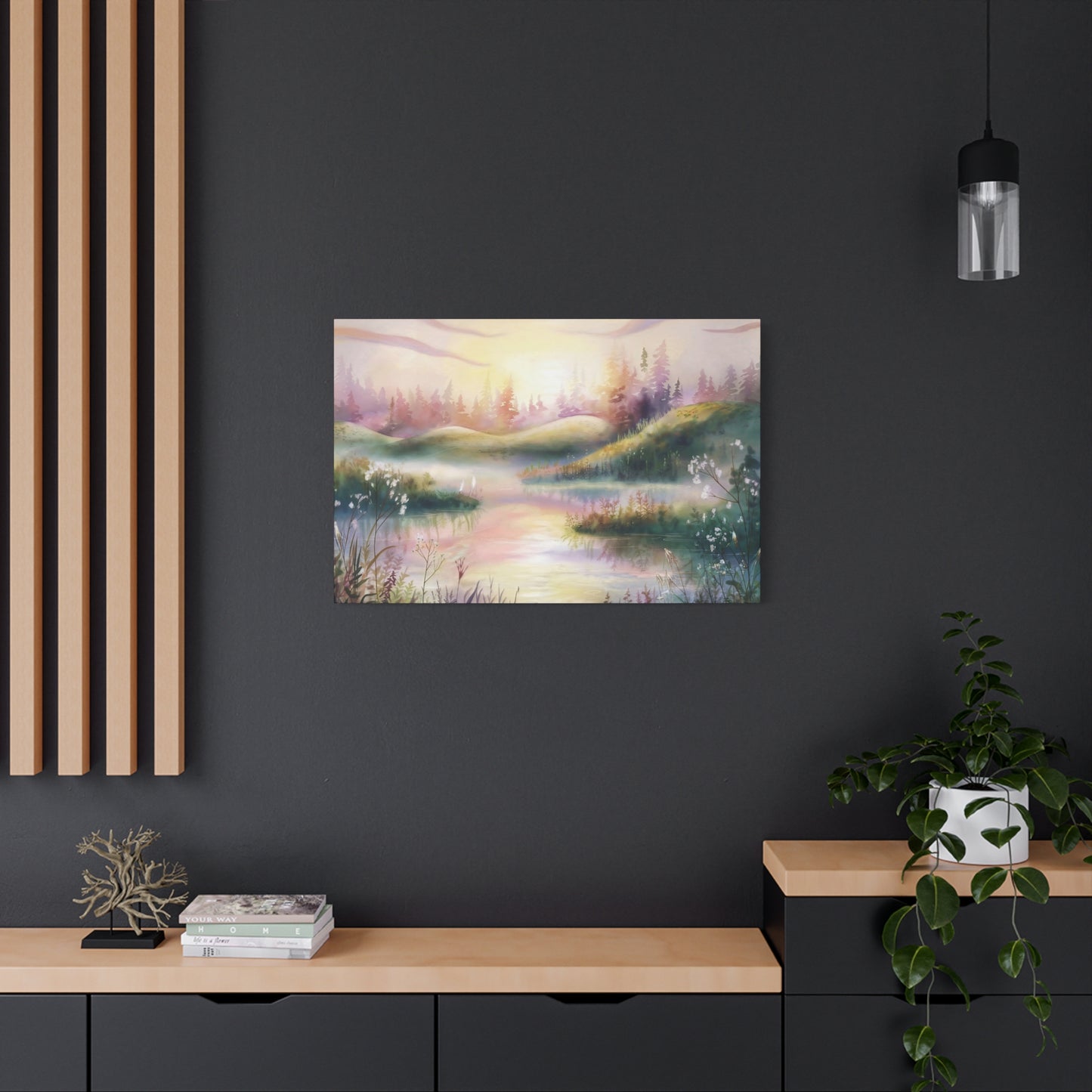 Dreamy Pink Woodland Sunrise Watercolor Canvas Wall Art