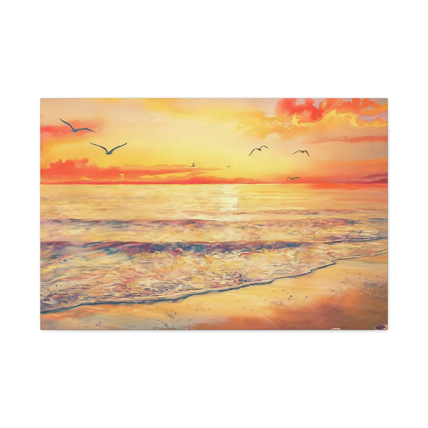 Ocean Sunset With Seagulls Watercolor Canvas Wall Art