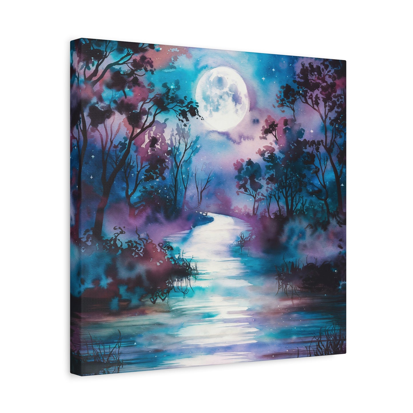 Dreamy Woodland River With Full Moon Watercolor Canvas Wall Art