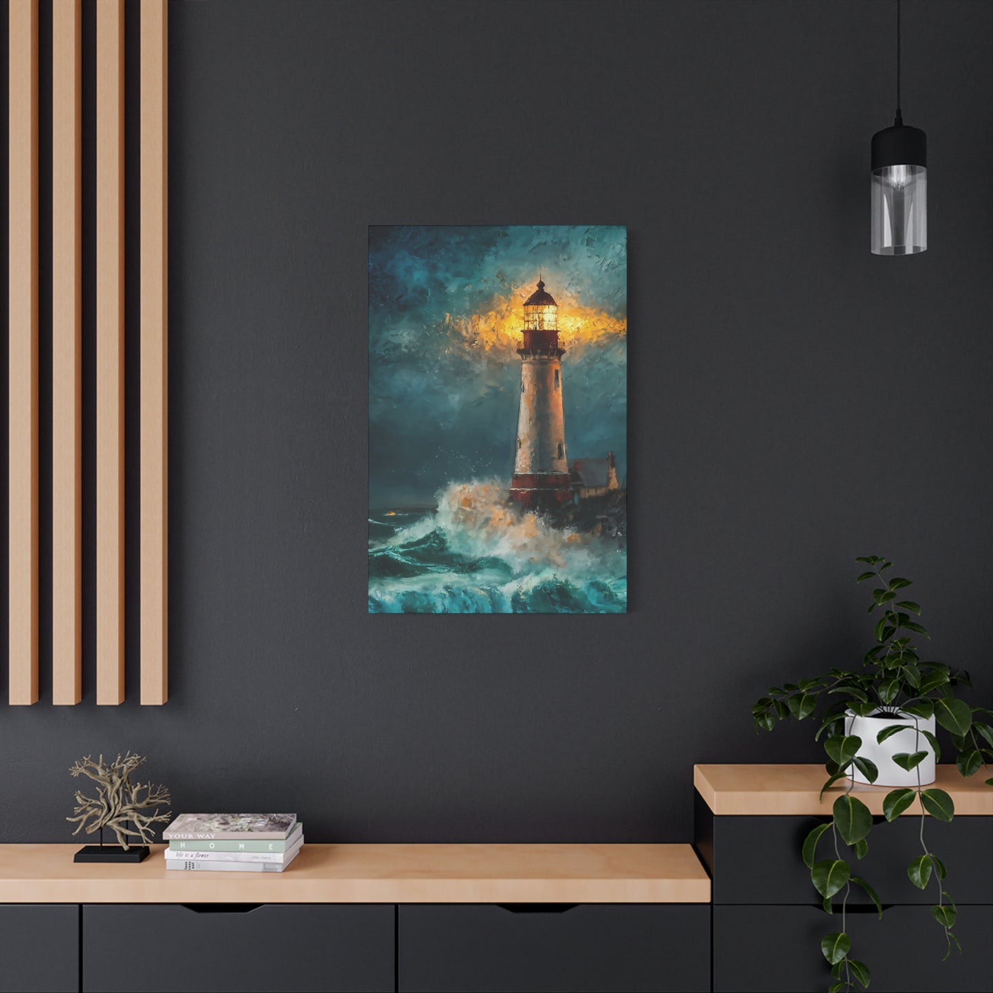 Oil Painting Of Lighthouse In Stormy Seas Canvas Wall Art