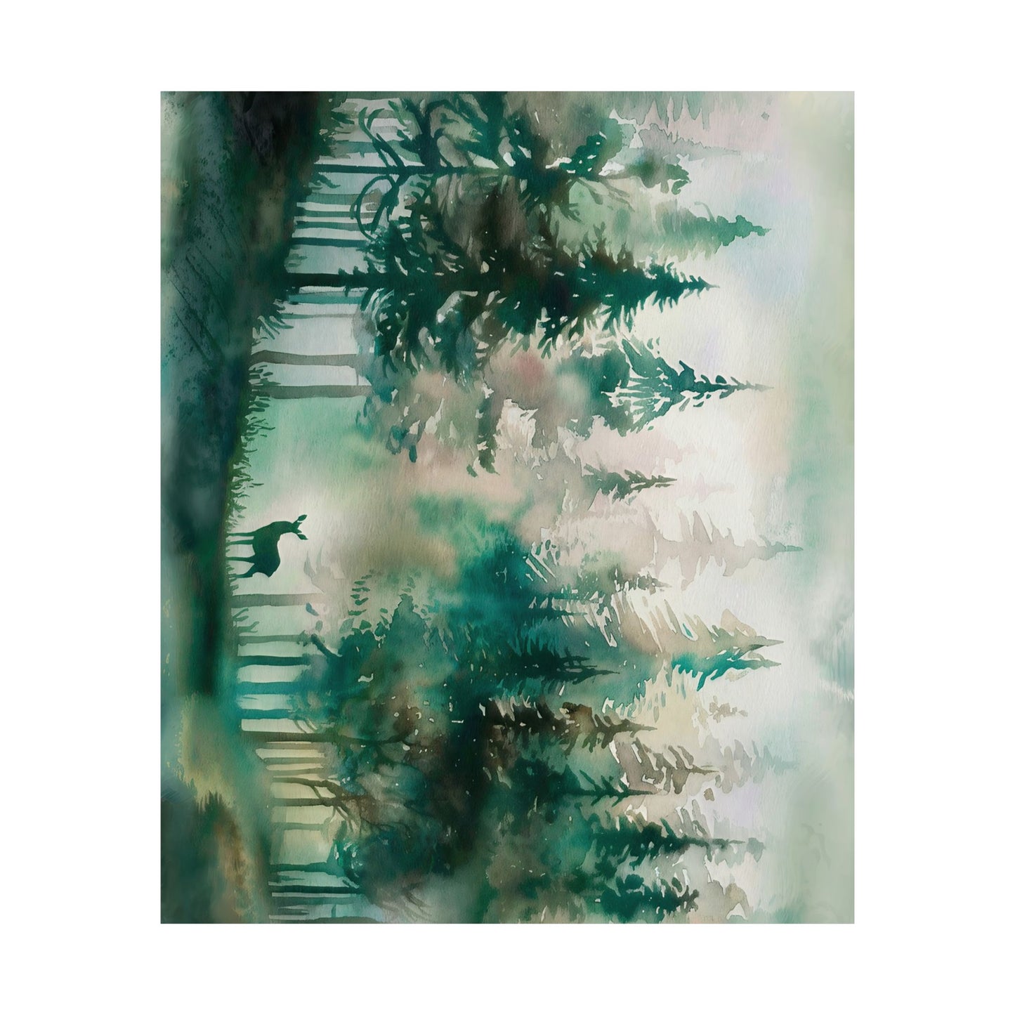 Pine Forest With Deer Watercolor Poster