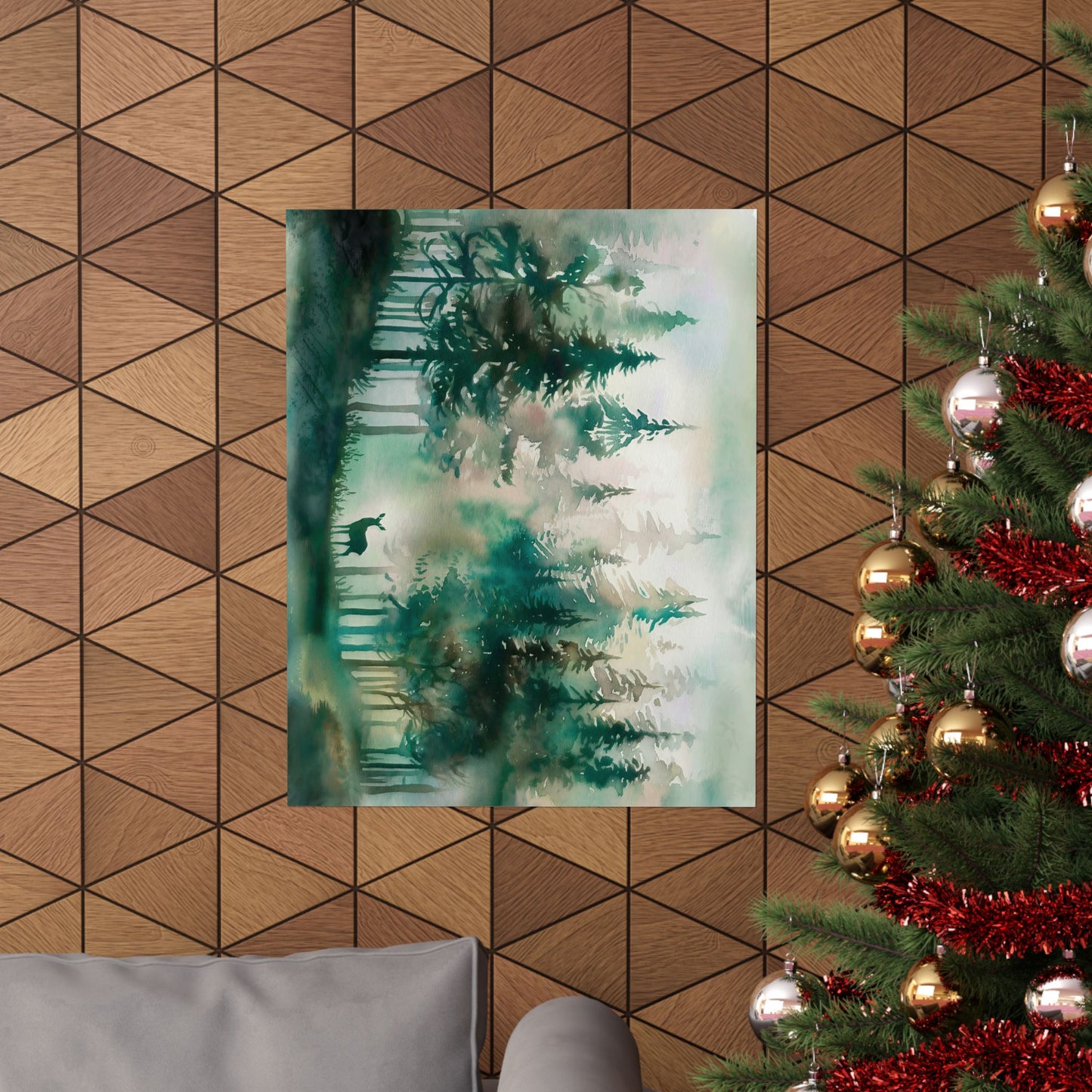 Pine Forest With Deer Watercolor Poster