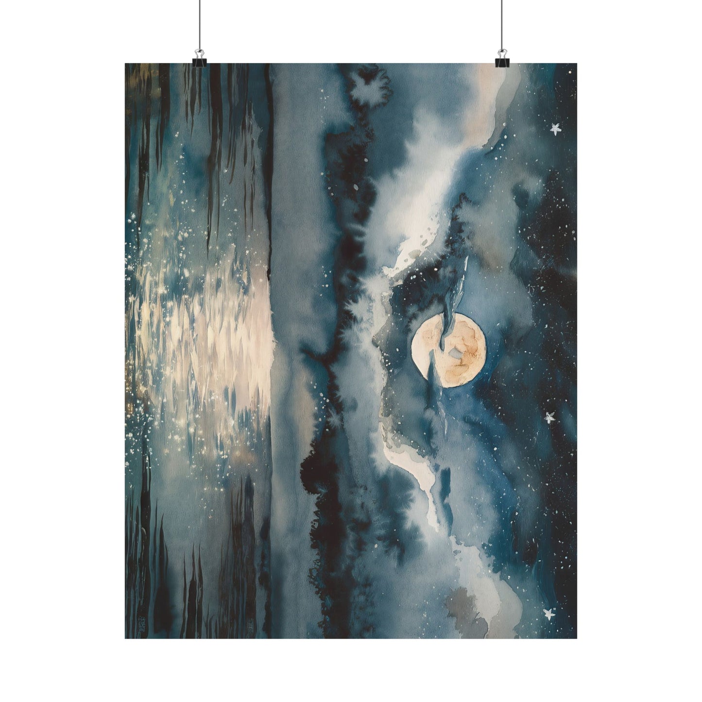 Full Moon Over Ocean Watercolor Poster