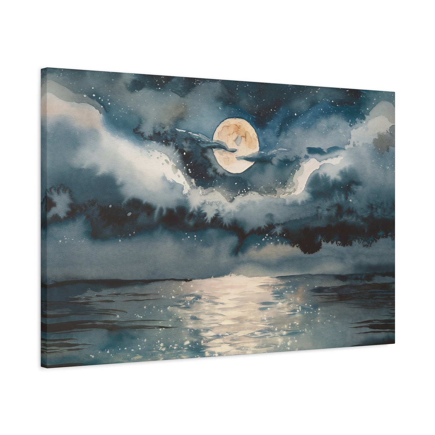 Full Moon Over Ocean Watercolor Canvas Wall Art
