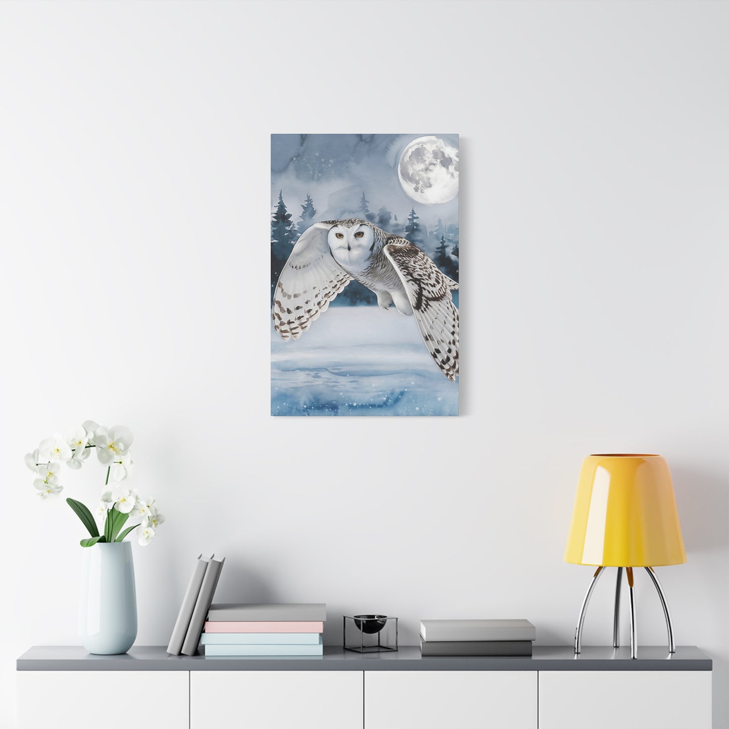 Snow Owl Flying At Night Canvas Wall Art