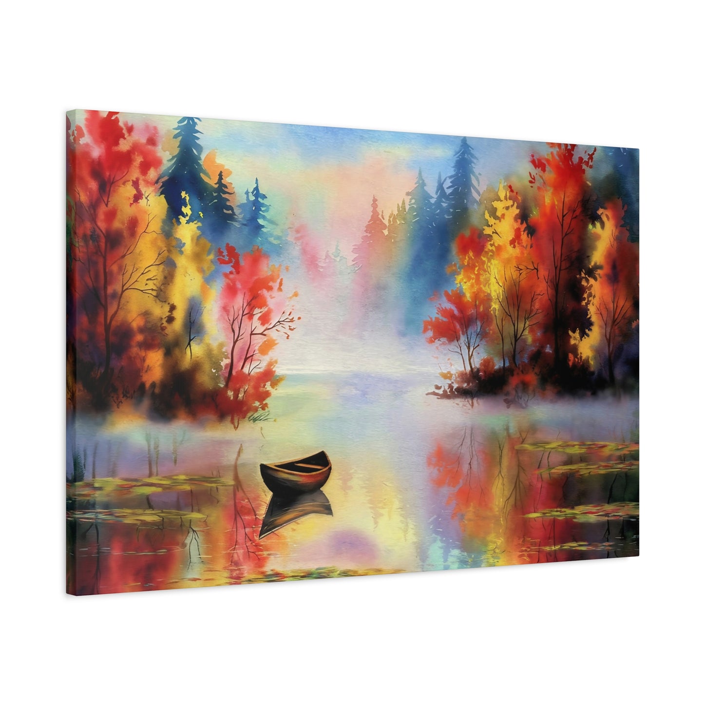 Small Boat On Mountain Lake In The Fall Watercolor Canvas Wall Art
