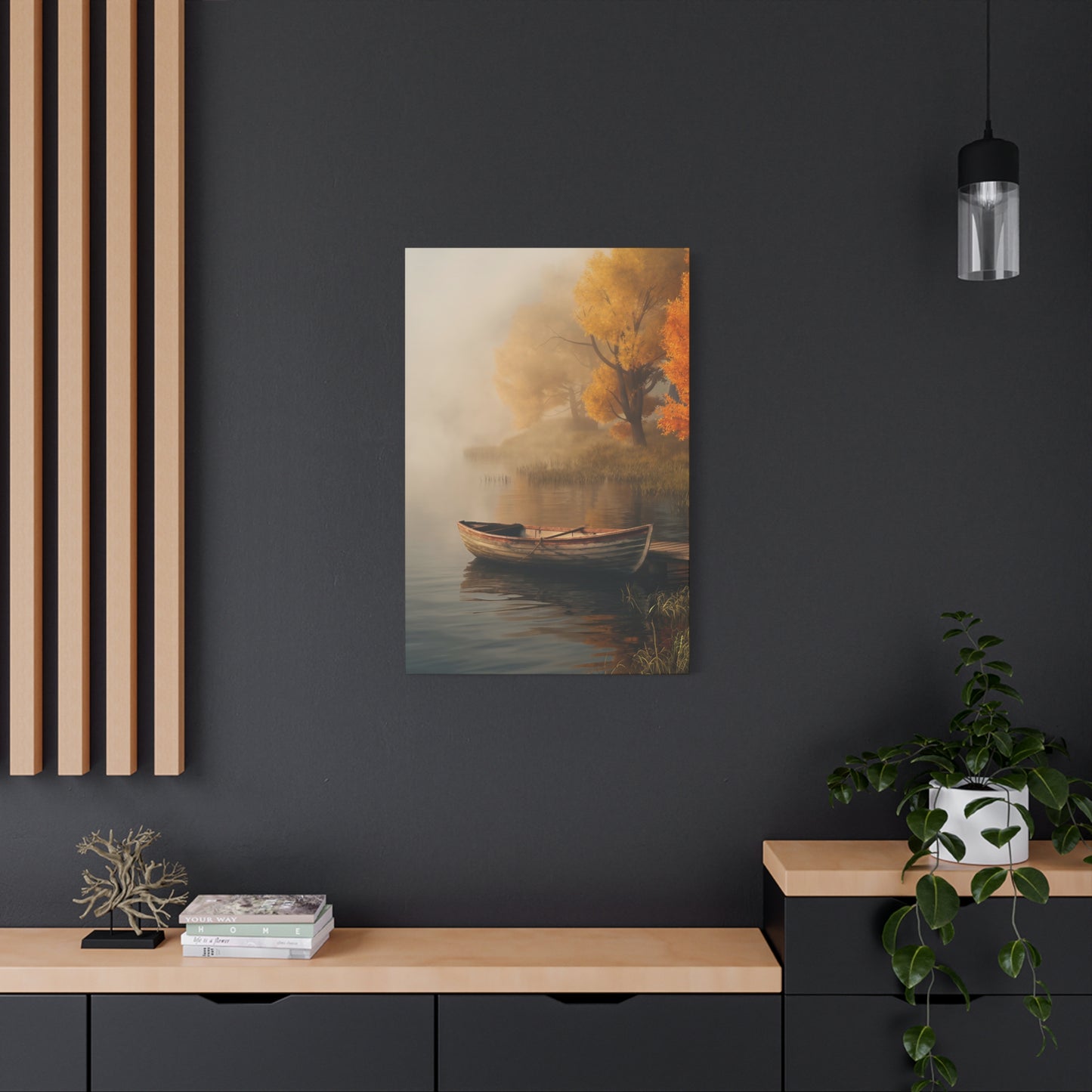 Wooden Boat On A Foggy Lake Canvas Wall Art