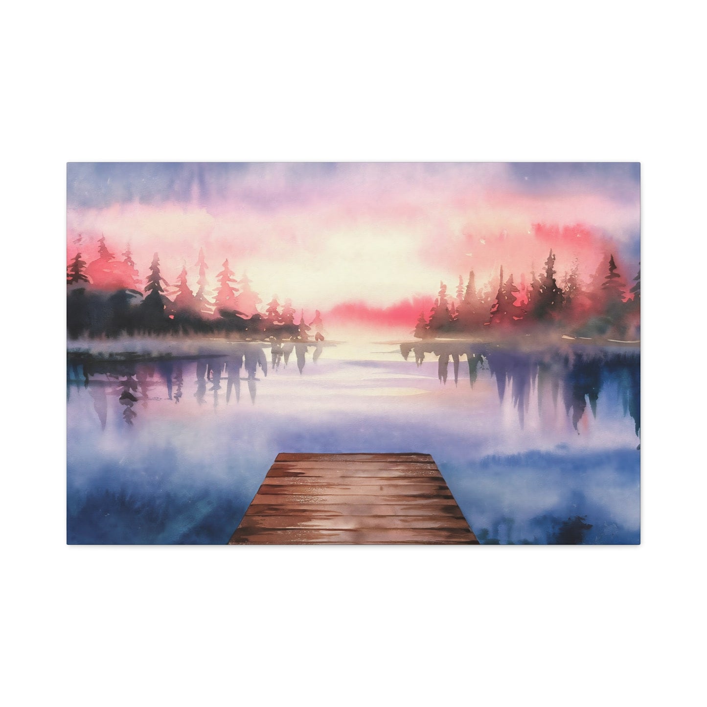 Mountain Lake Dock Watercolor Canvas Wall Art