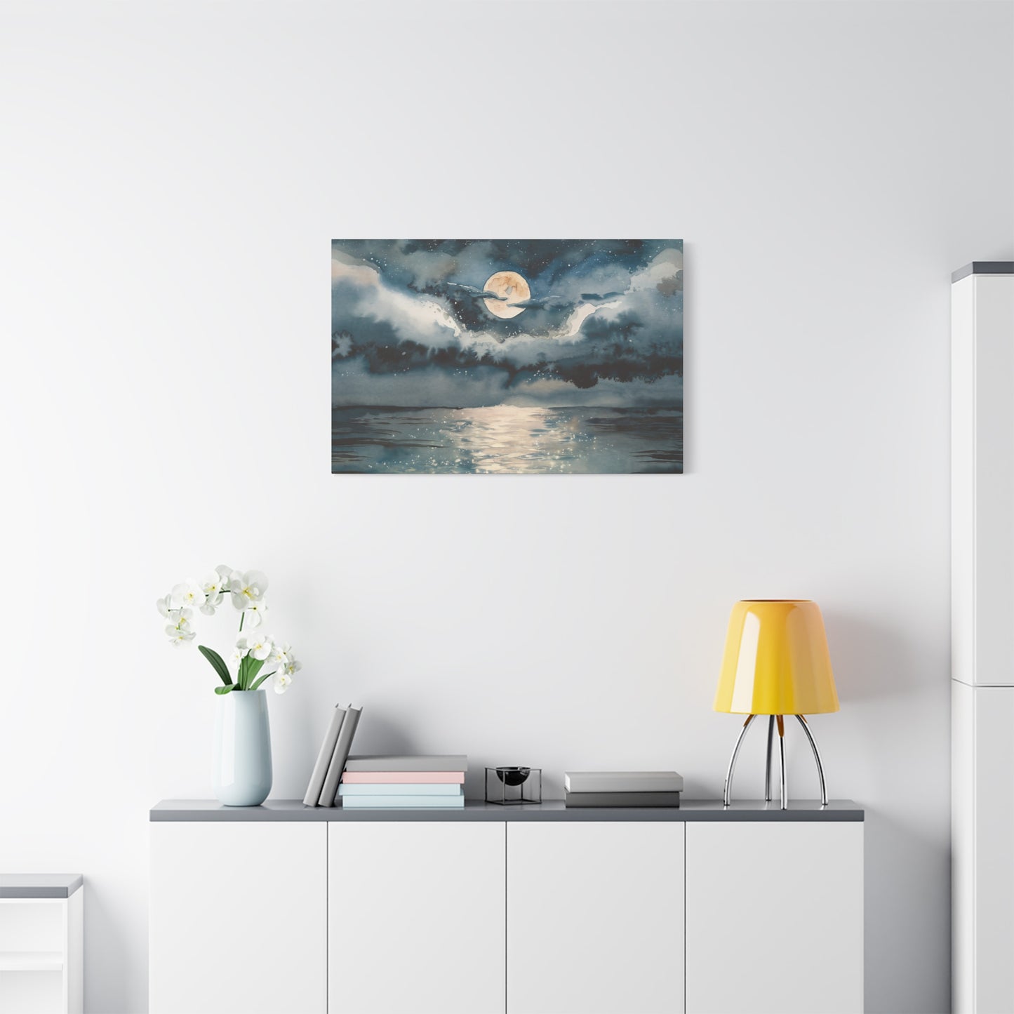 Full Moon Over Ocean Watercolor Canvas Wall Art