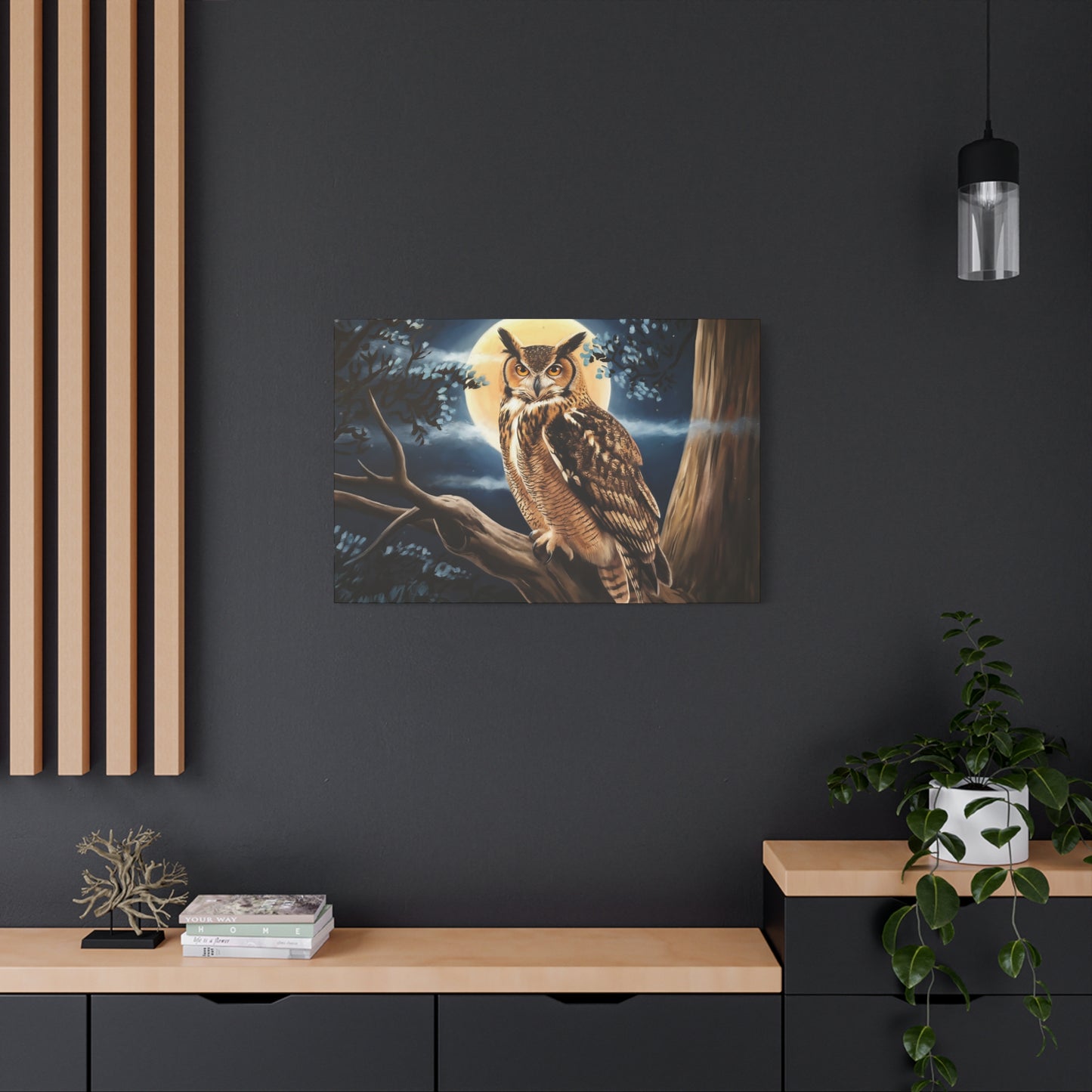 Horned Owl With Full Moon Watercolor Canvas Wall Art