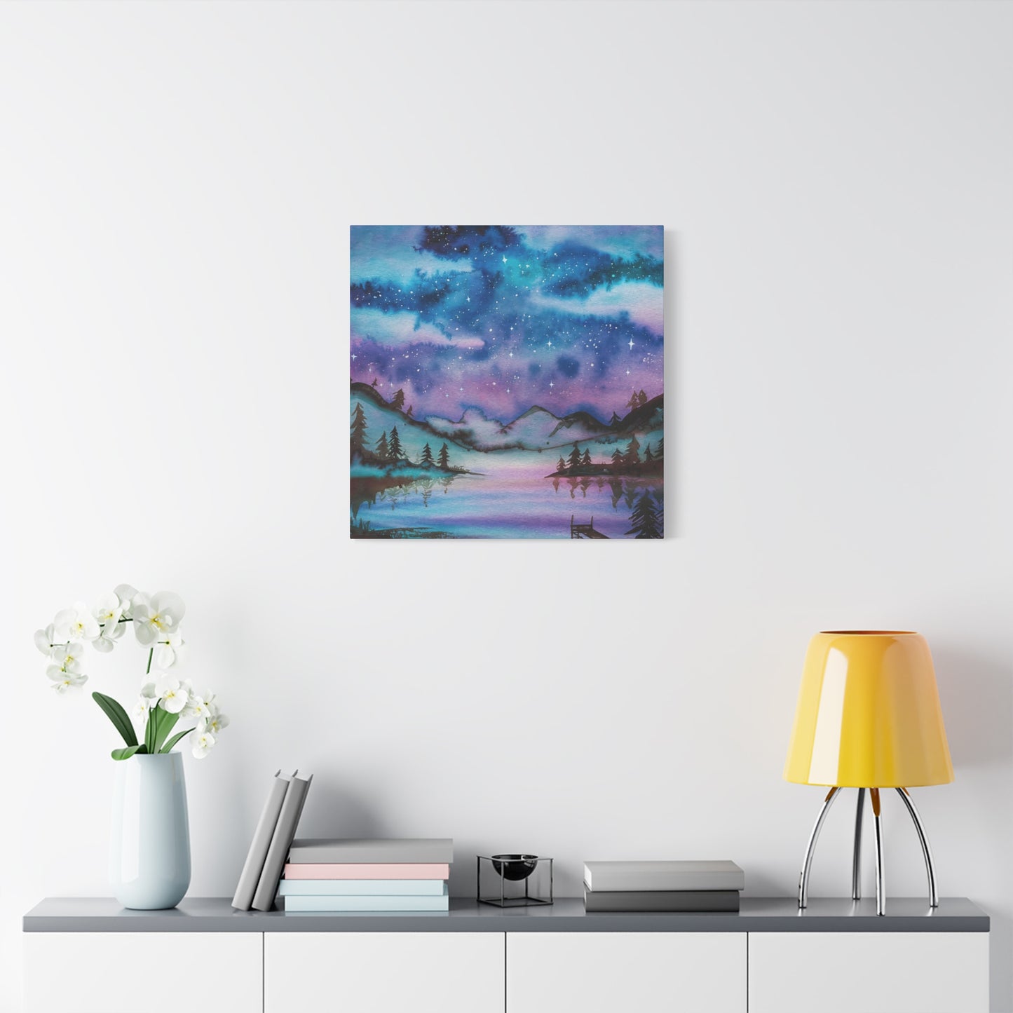 Starry Night Over Lake Watercolor Canvas Wall Art