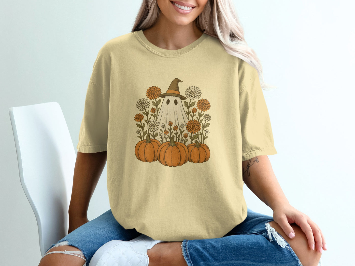 Ghost and Pumpkin Floral Design Halloween Shirt product type