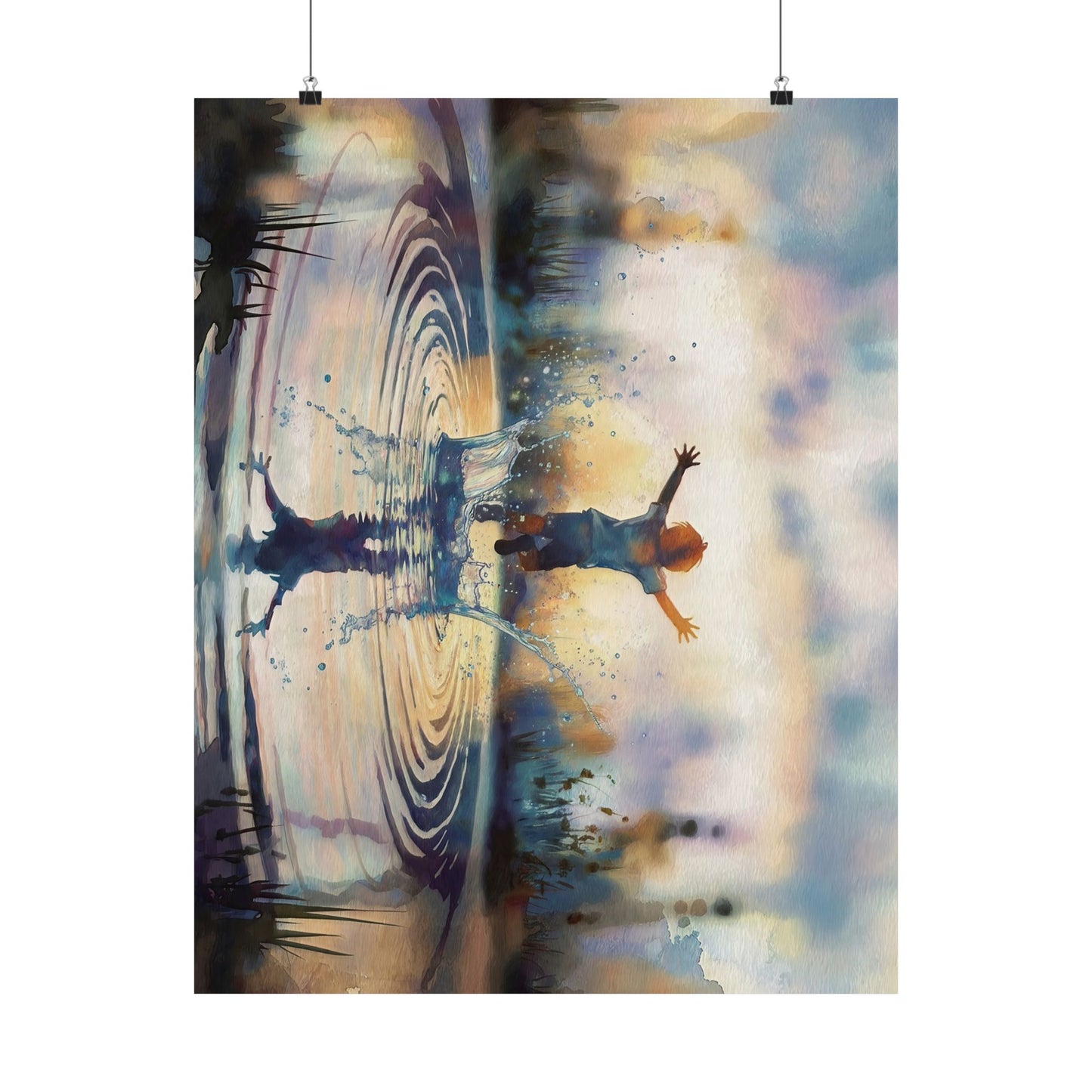 Boy Splashing In Puddle Watercolor Poster