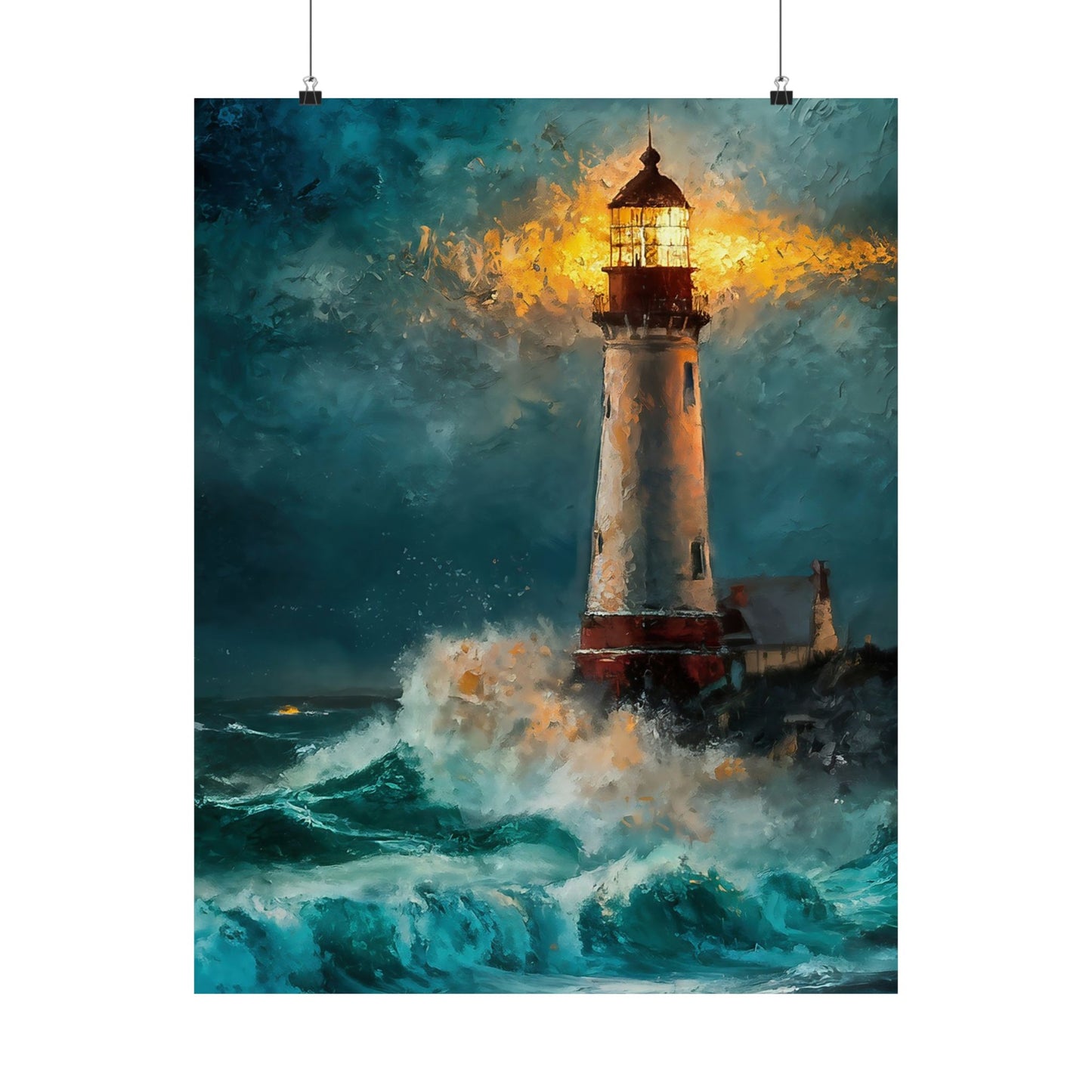 Lighthouse In Stormy Seas Poster