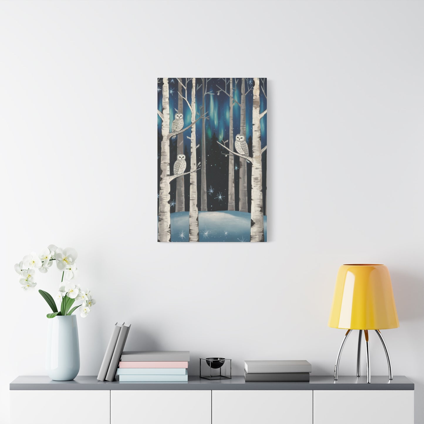 Folk Art Owls Snowy Night Canvas Wall Art
