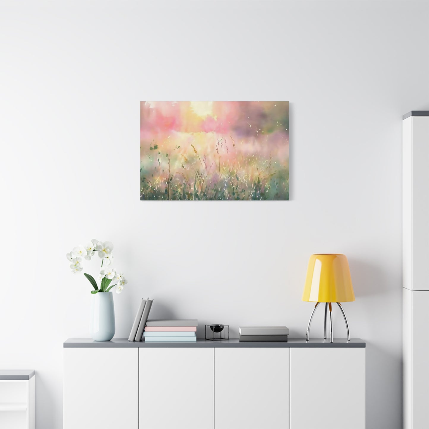 Dreamy Meadow Sunrise Watercolor Canvas Wall Art