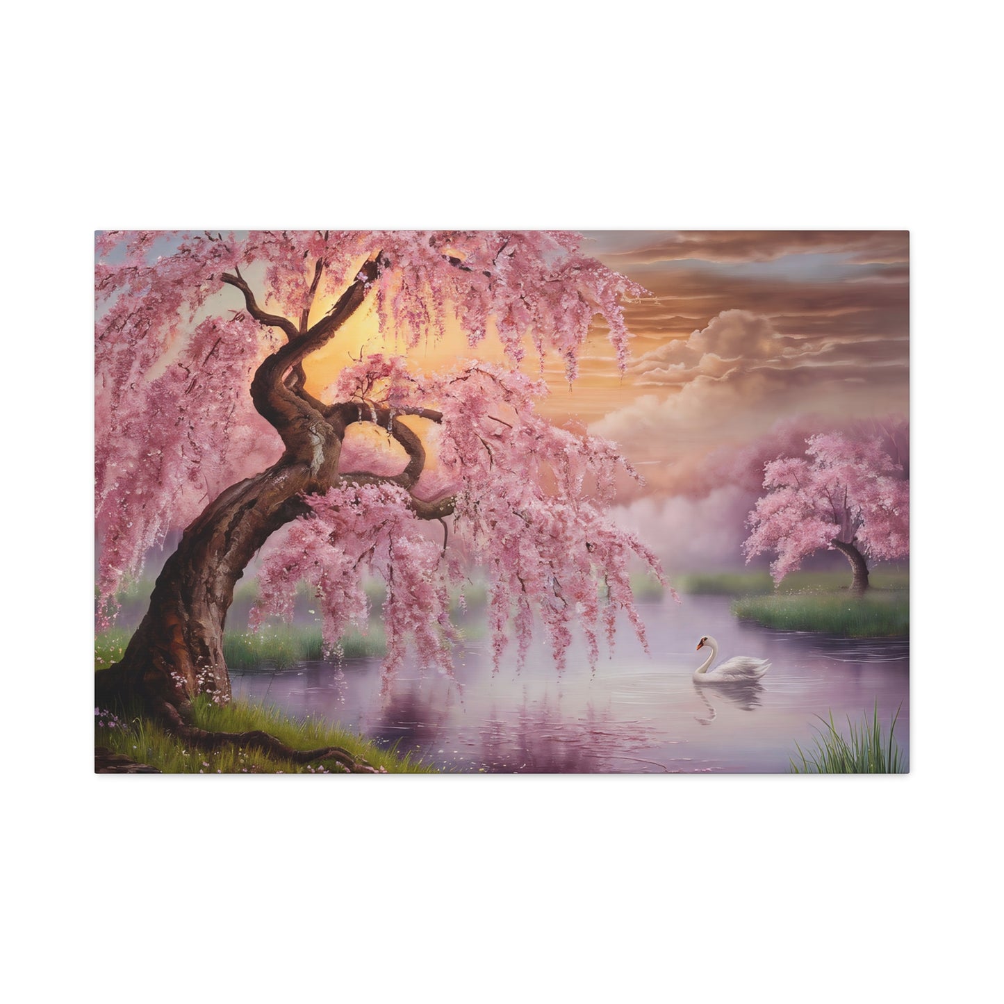 Cherry Tree And Swan Watercolor Canvas Wall Art
