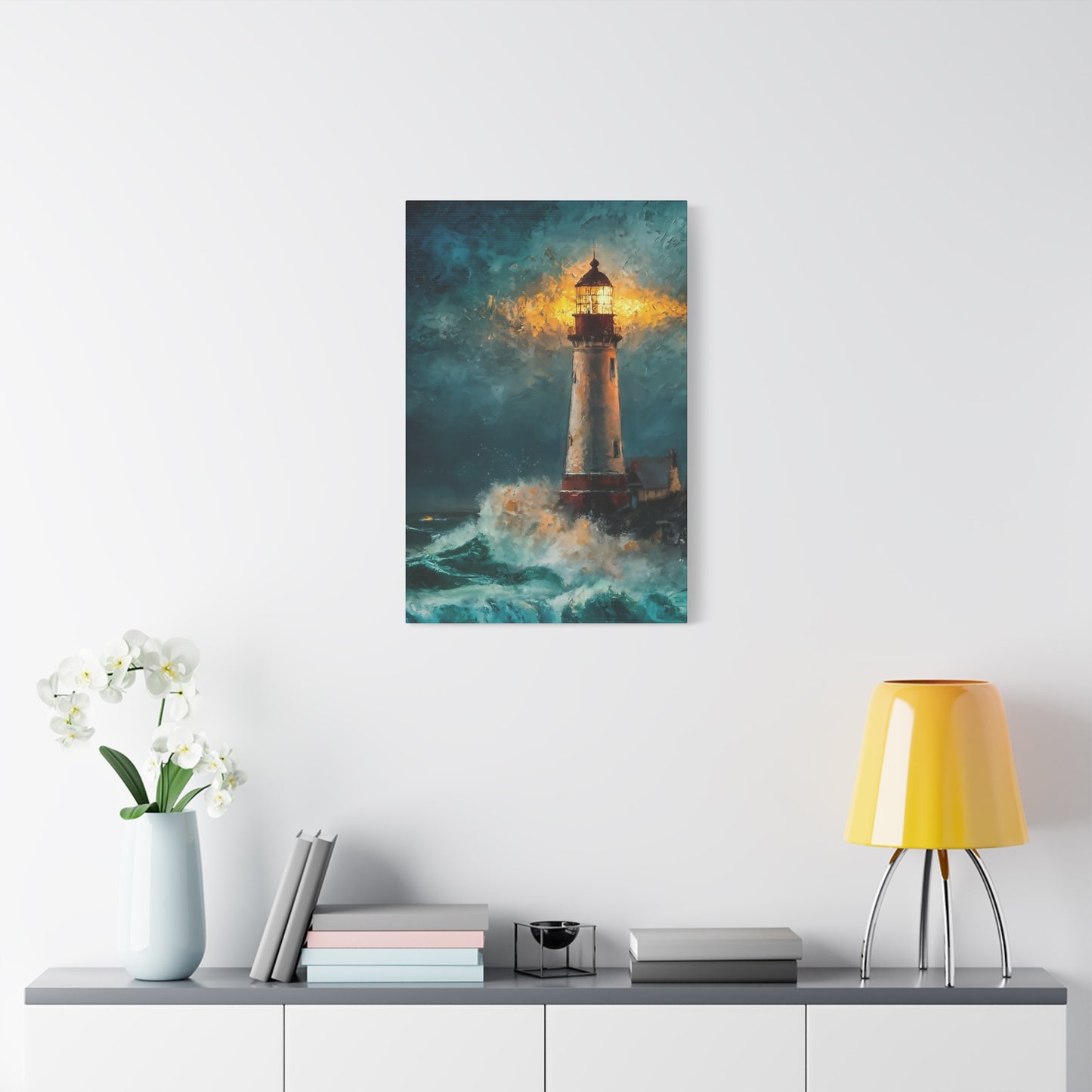 Oil Painting Of Lighthouse In Stormy Seas Canvas Wall Art
