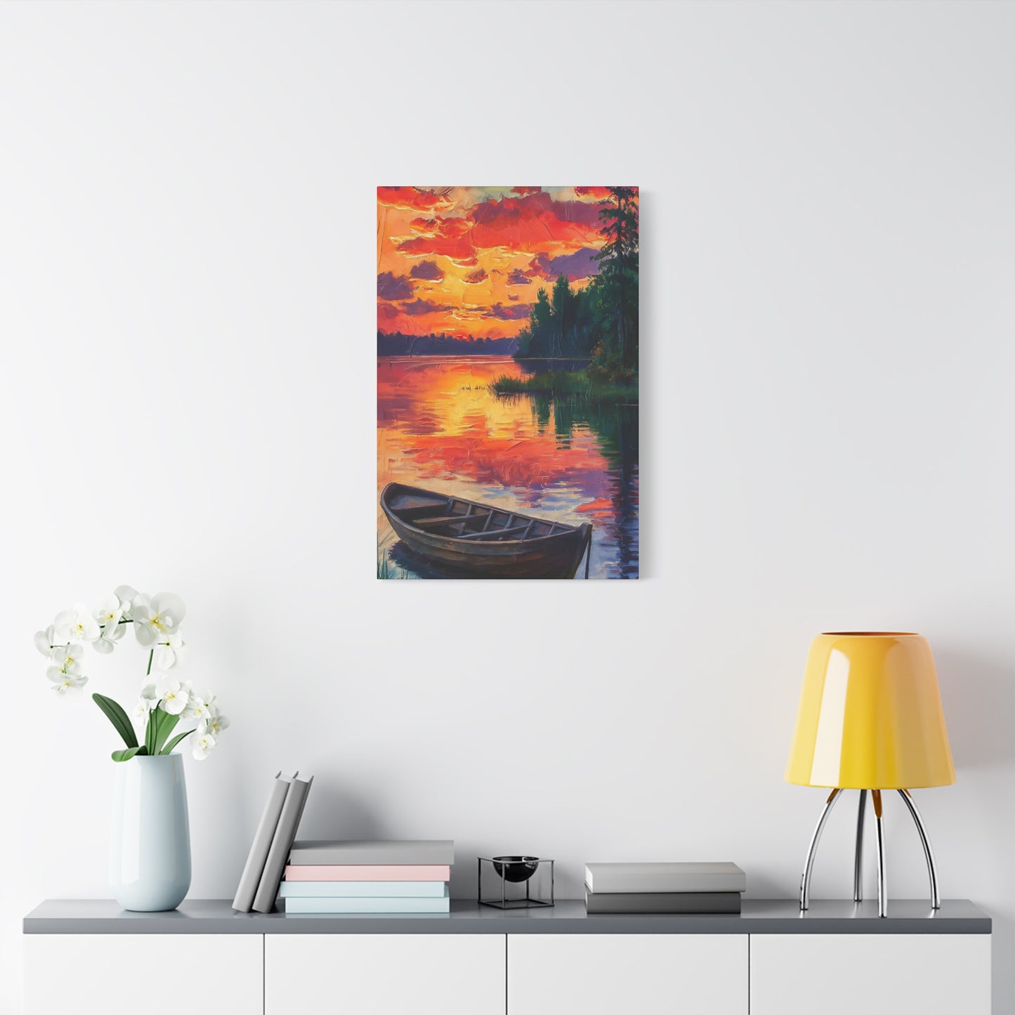 Wooden Boat At Sunset Canvas Wall Art