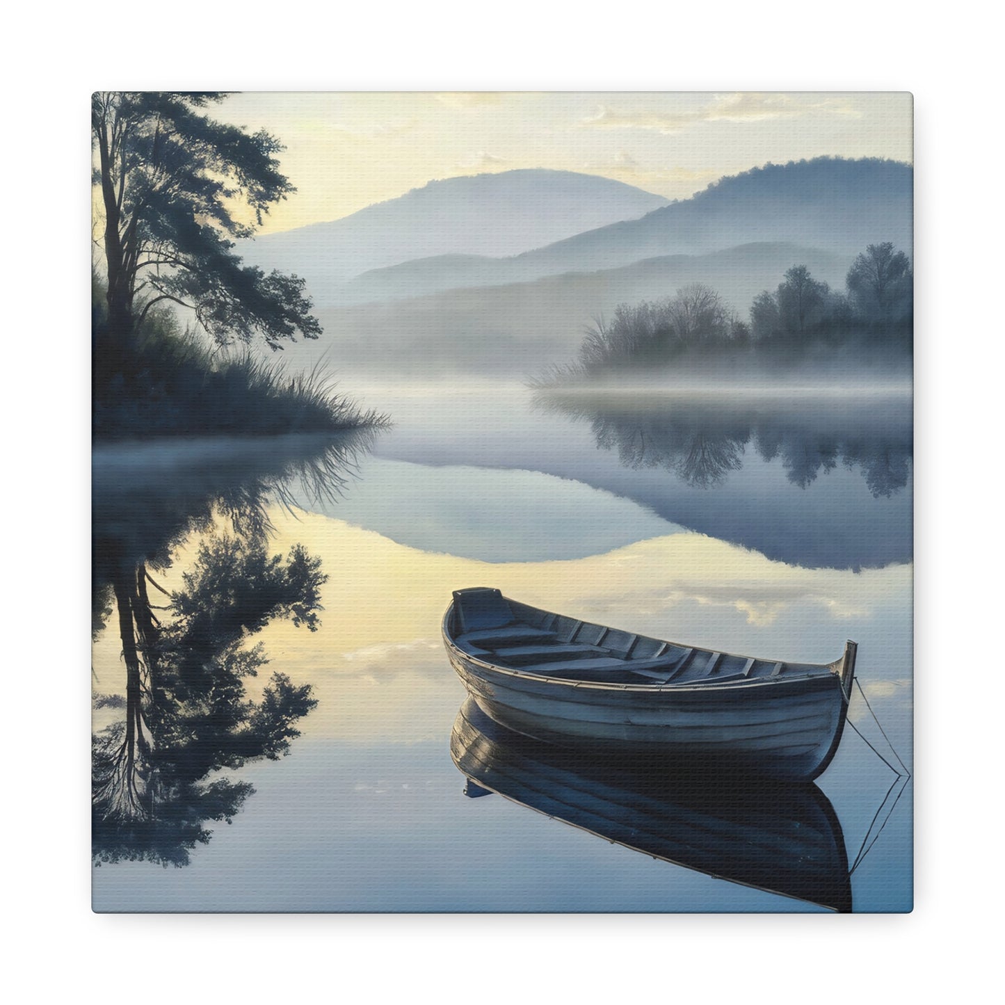 Wooden Boat On Mountain Pond Canvas Wall Art