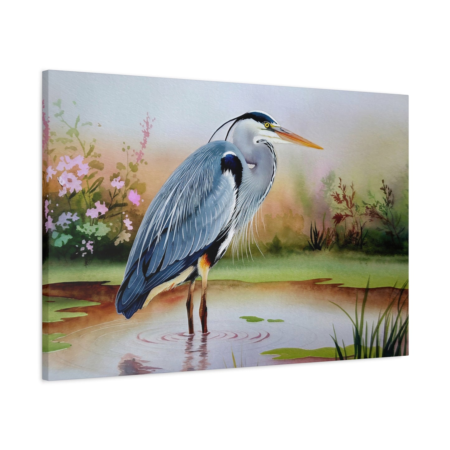 Blue Heron Standing In Water Watercolor Canvas Wall Art