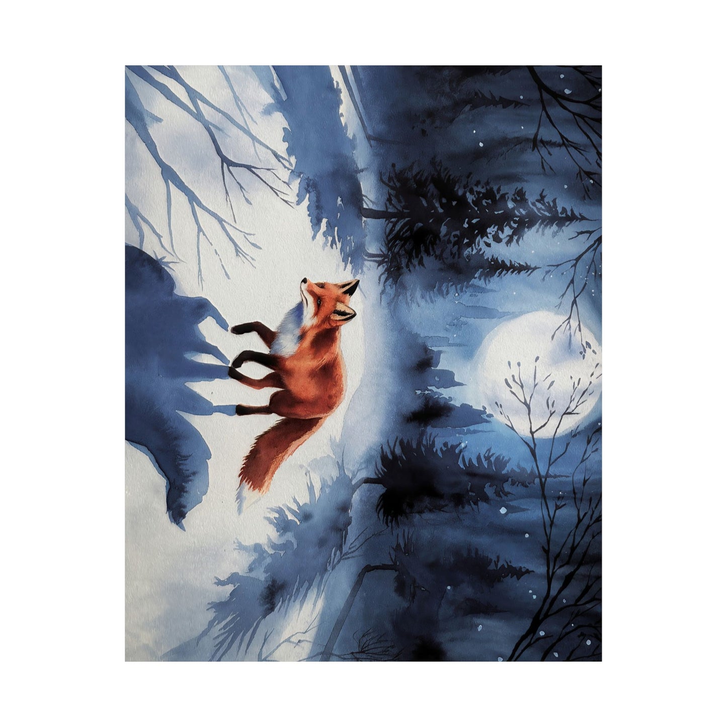 Fox Winter Night Watercolor Poster
