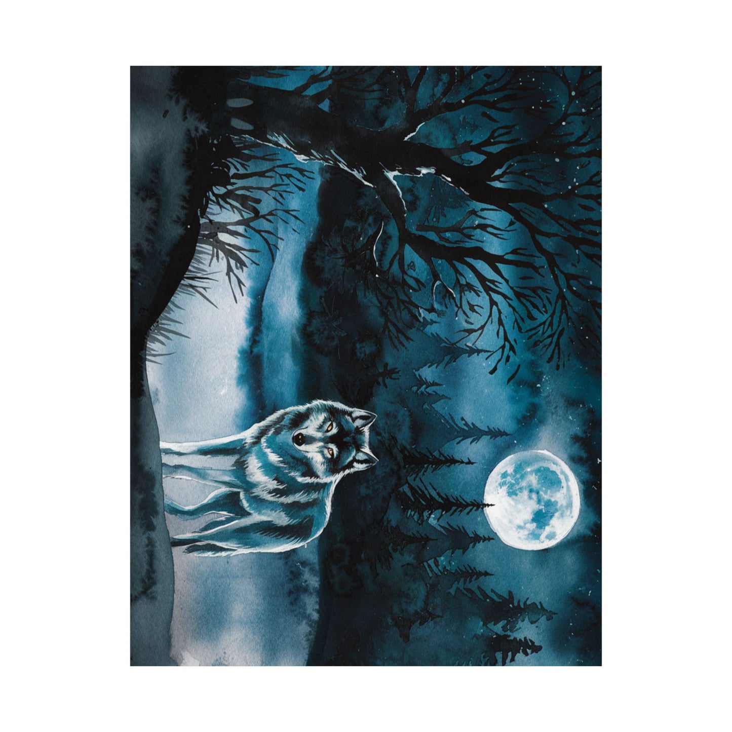 Wolf At Night Watercolor Poster