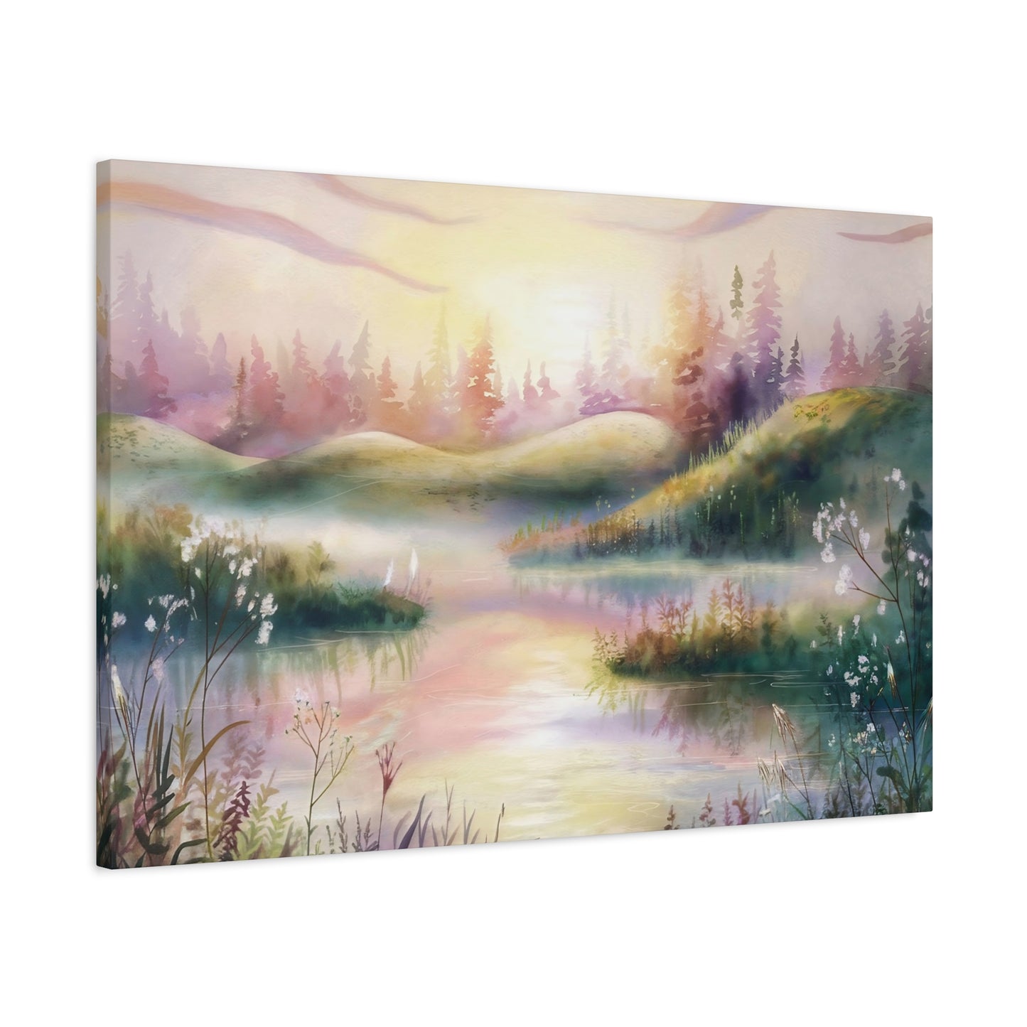 Dreamy Pink Woodland Sunrise Watercolor Canvas Wall Art