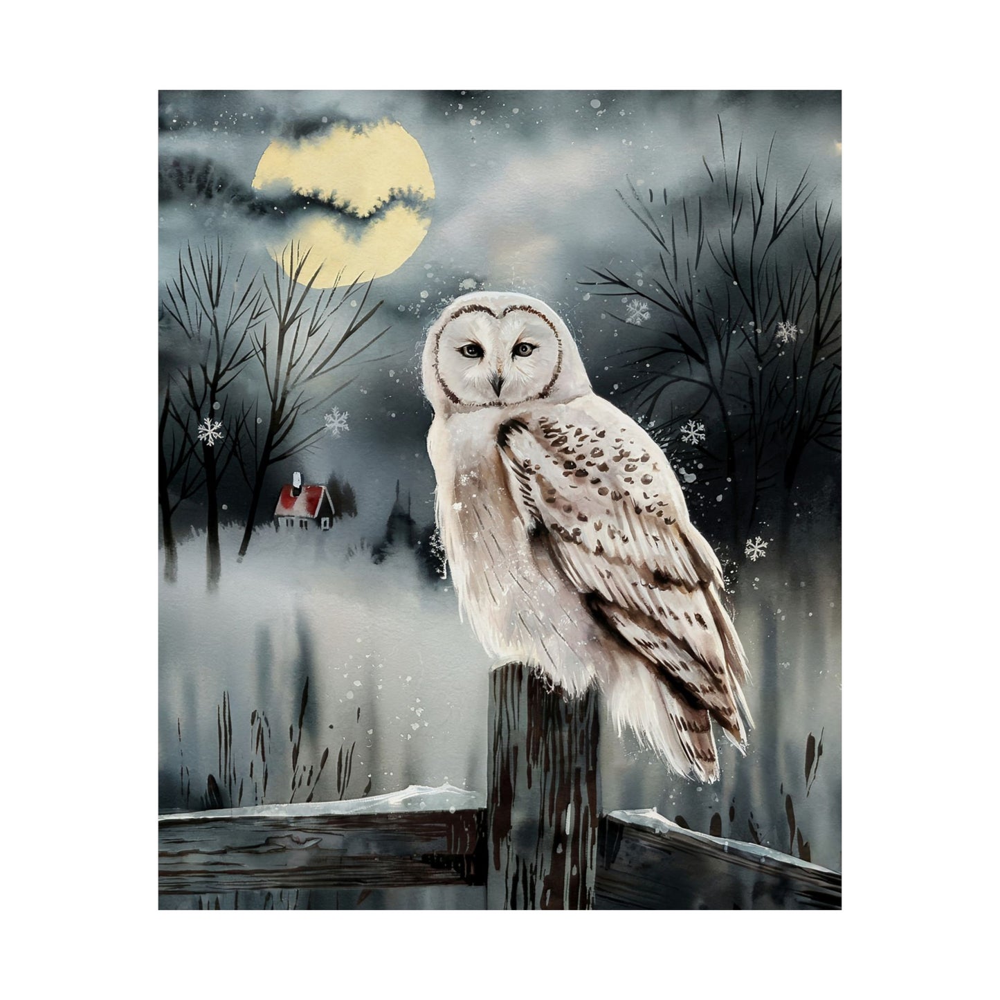 Snow Owl At Night On Post Poster