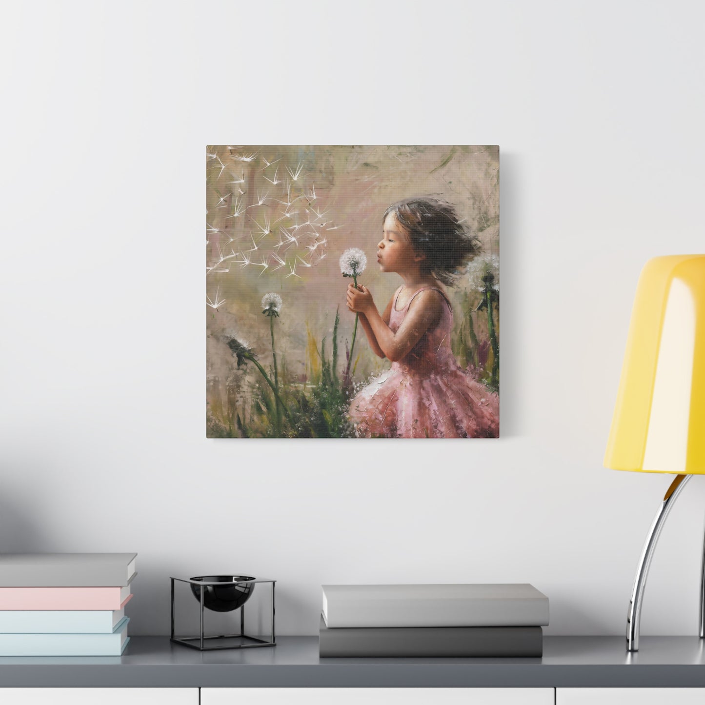 Girl Blowing Dandelion Seeds Canvas Wall Art