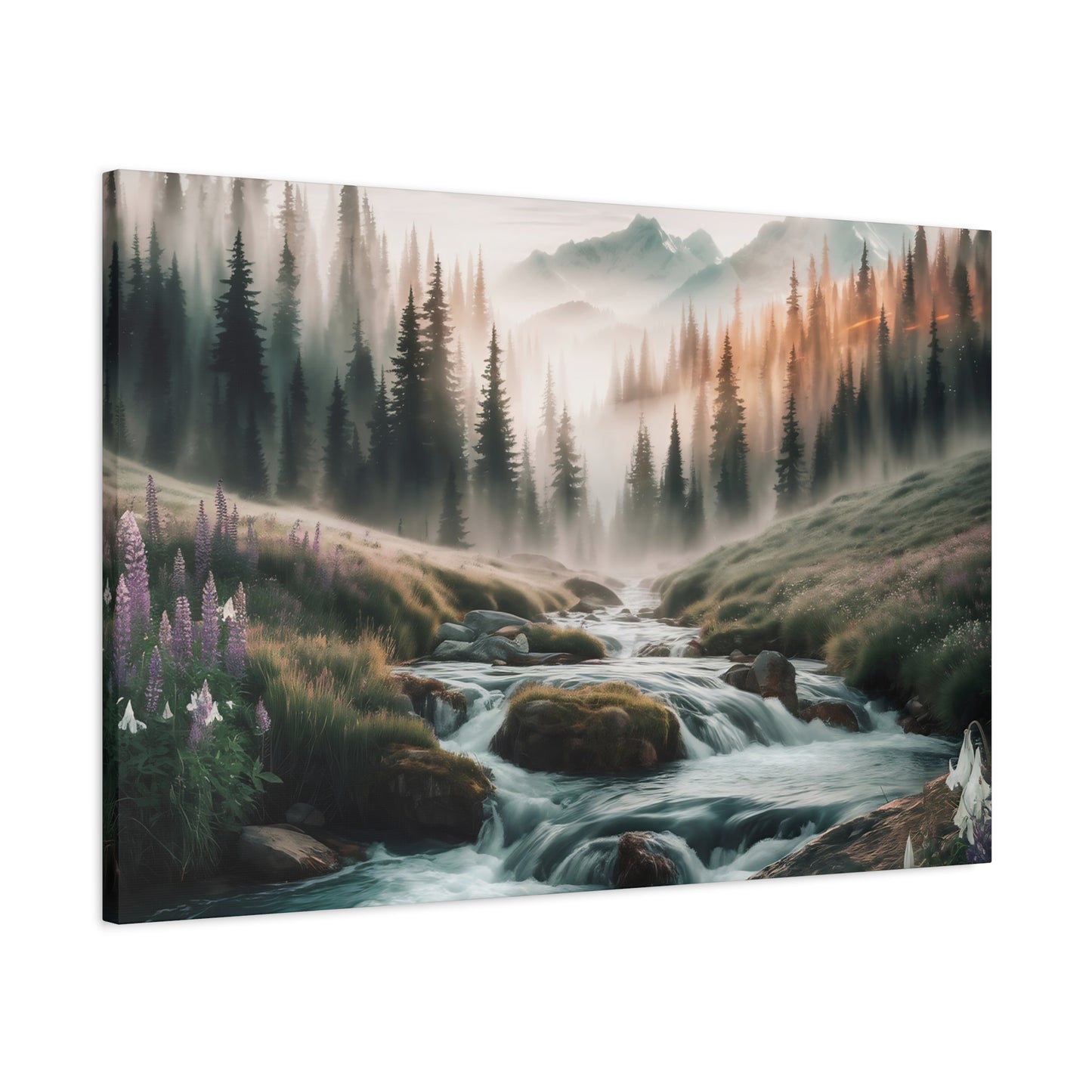 Misty Mountain Stream Watercolor Canvas Wall Art