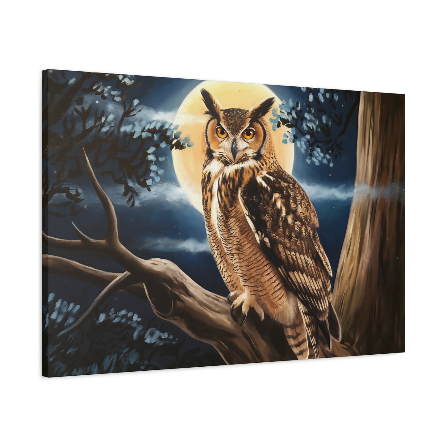 Horned Owl With Full Moon Watercolor Canvas Wall Art
