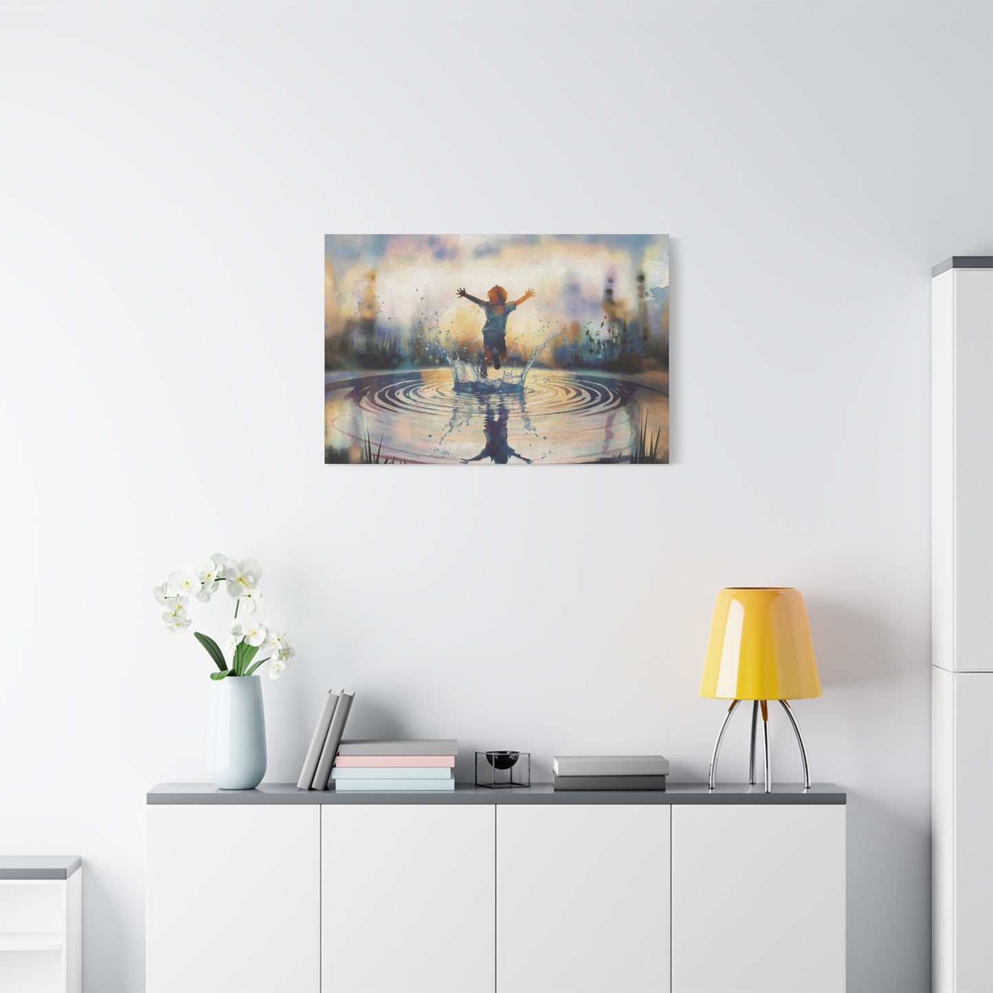 Boy Splashing In Puddle Watercolor Canvas Wall Art