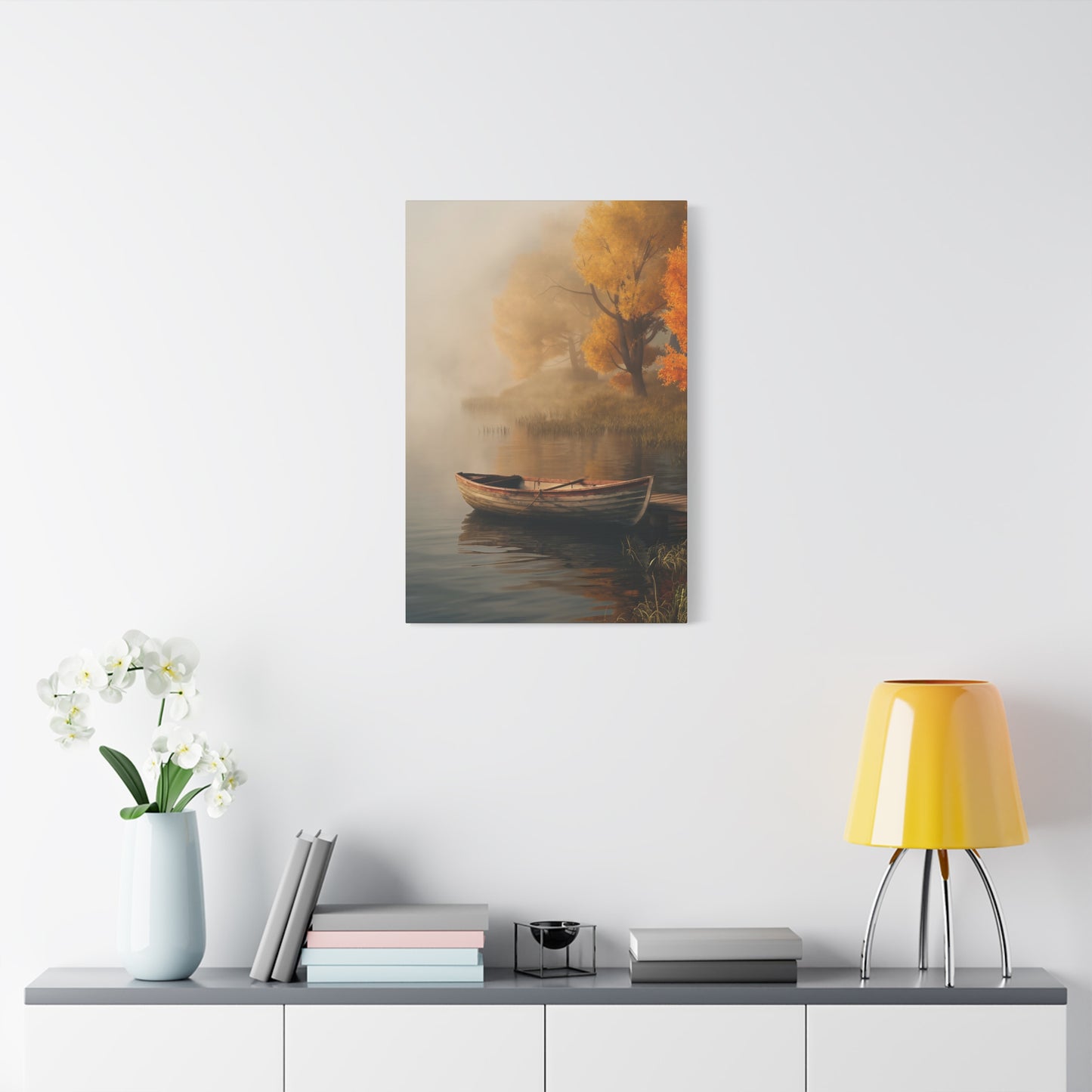 Wooden Boat On A Foggy Lake Canvas Wall Art