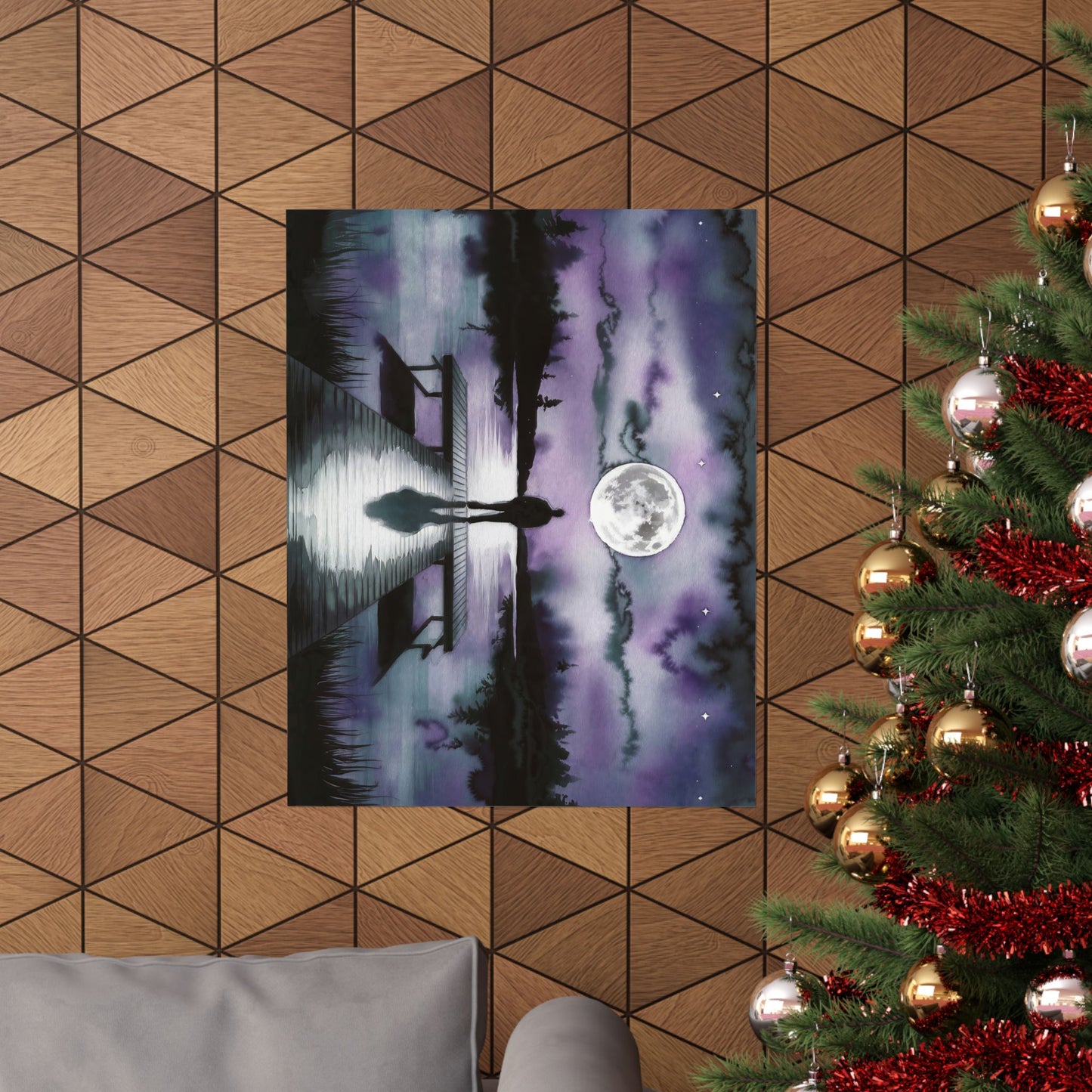 Man Looking At Moon Over A Lake Watercolor Poster